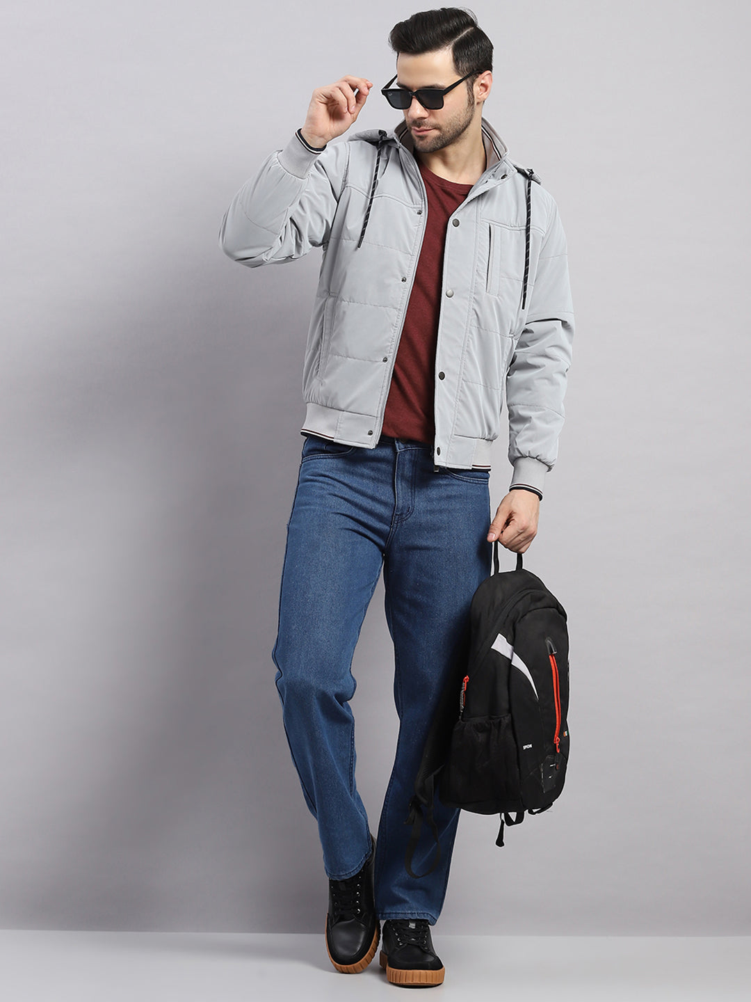 Men Grey Solid Hooded Full Sleeve Jacket