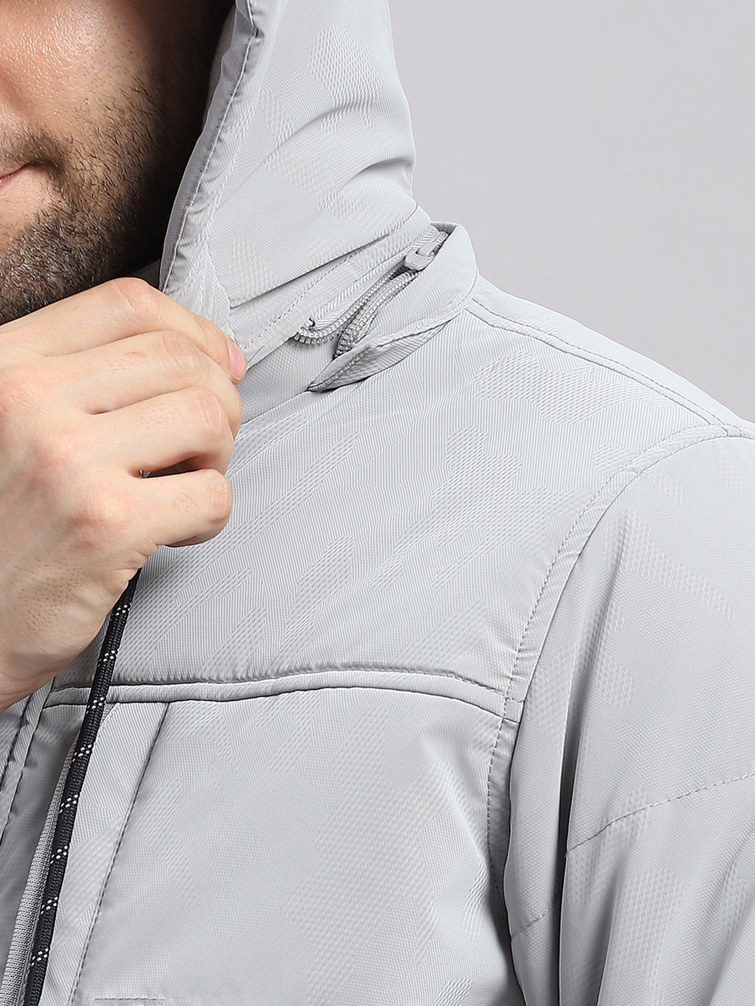 Men Grey Solid Hooded Full Sleeve Jacket