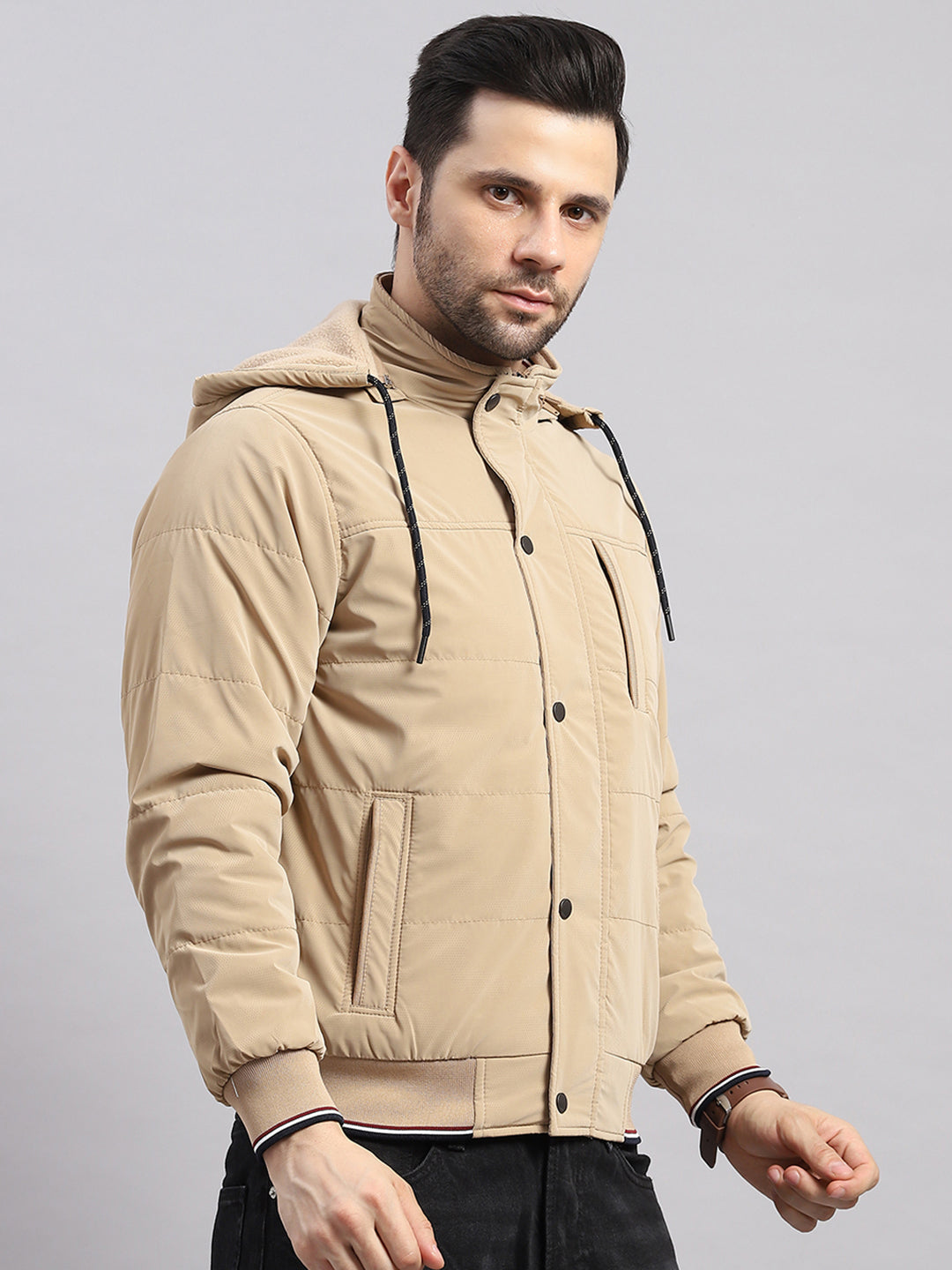 Men Khaki Solid Hooded Full Sleeve Jacket