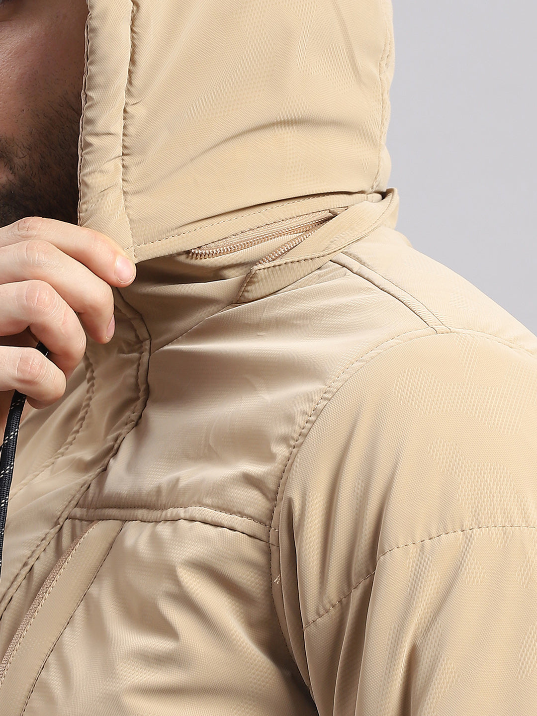 Men Khaki Solid Hooded Full Sleeve Jacket