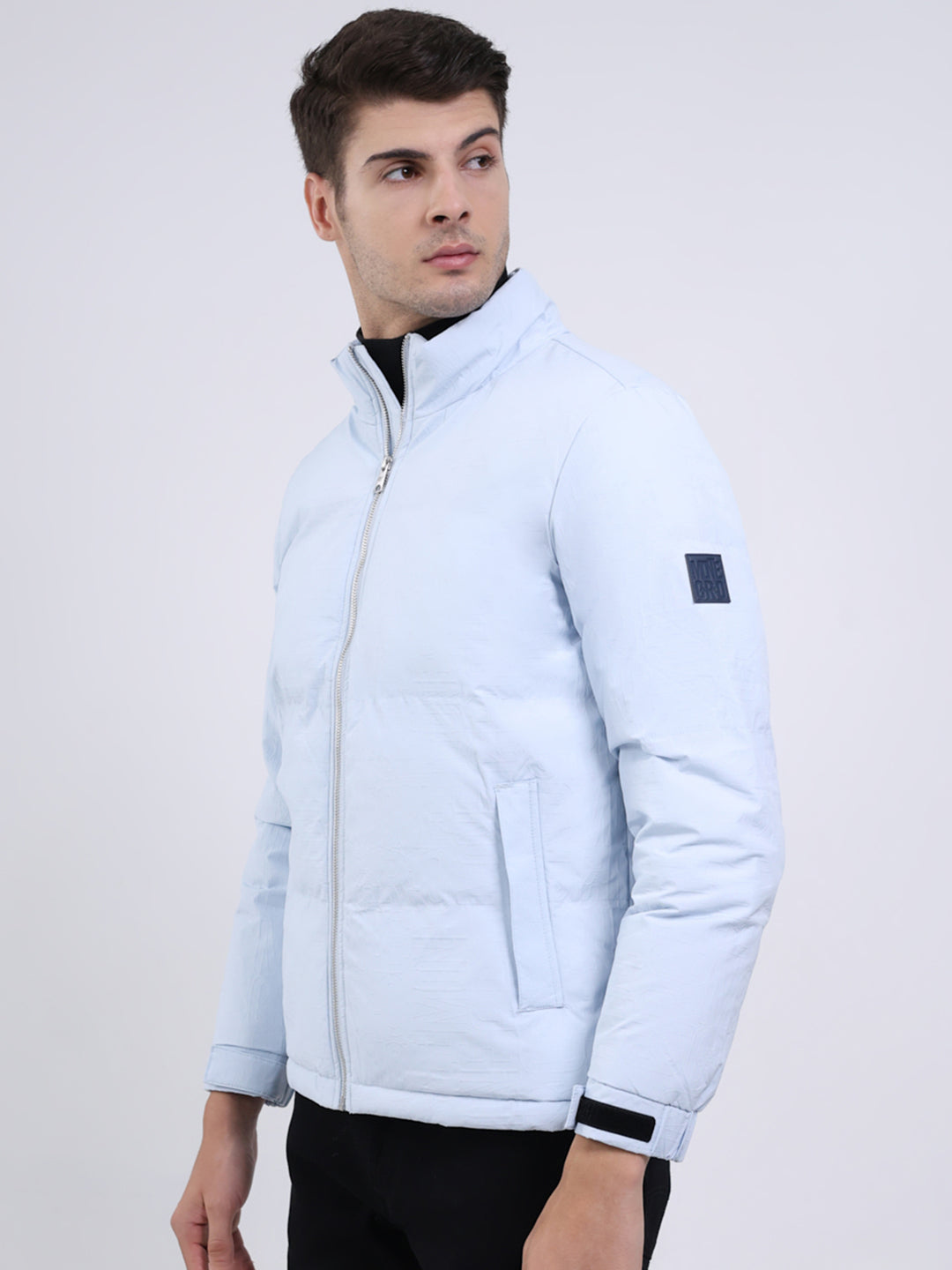 Men Sky Blue Solid Mock Neck Full Sleeve Jacket