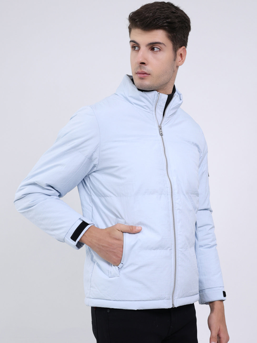 Men Sky Blue Solid Mock Neck Full Sleeve Jacket