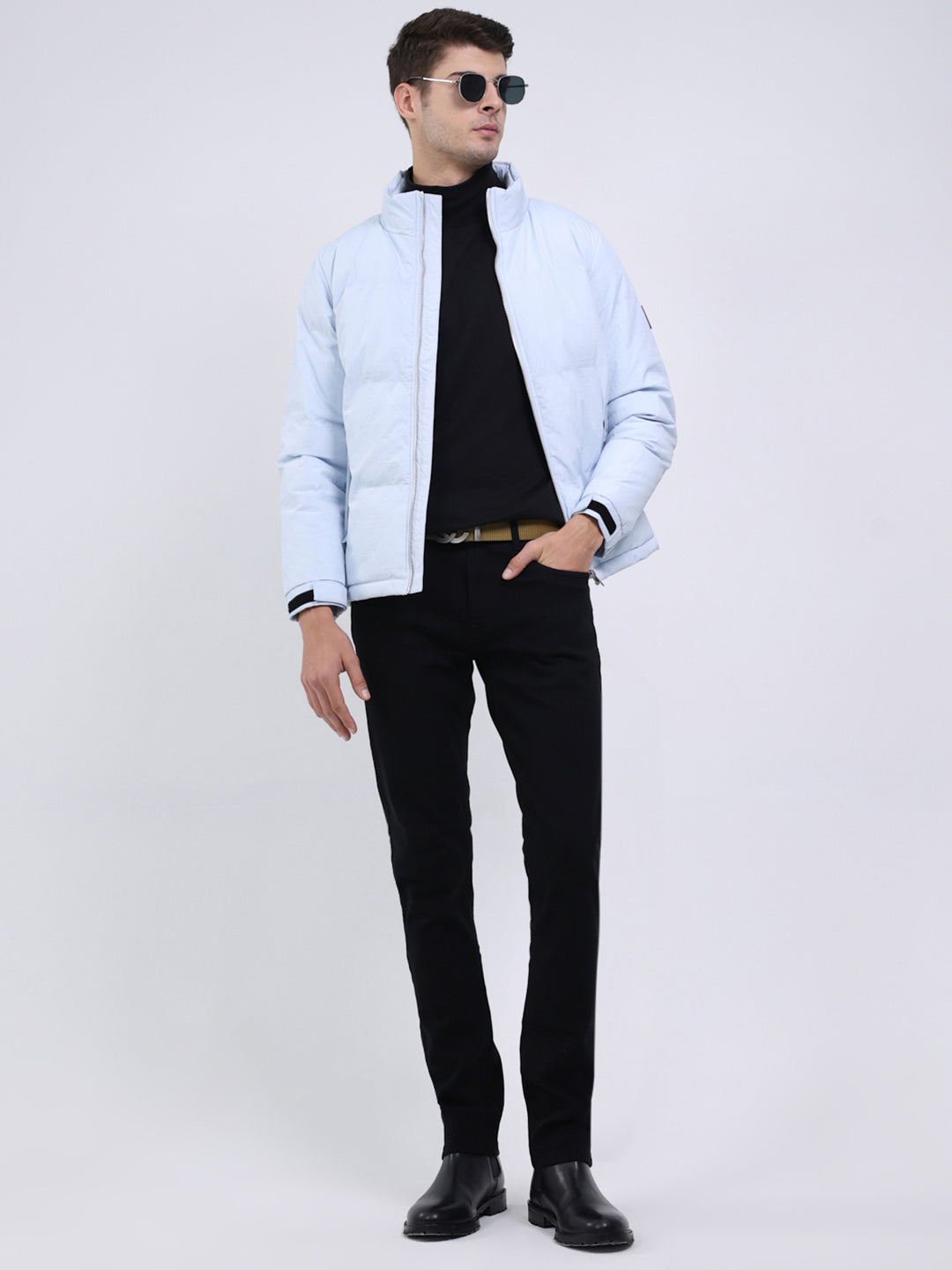 Men Sky Blue Solid Mock Neck Full Sleeve Jacket