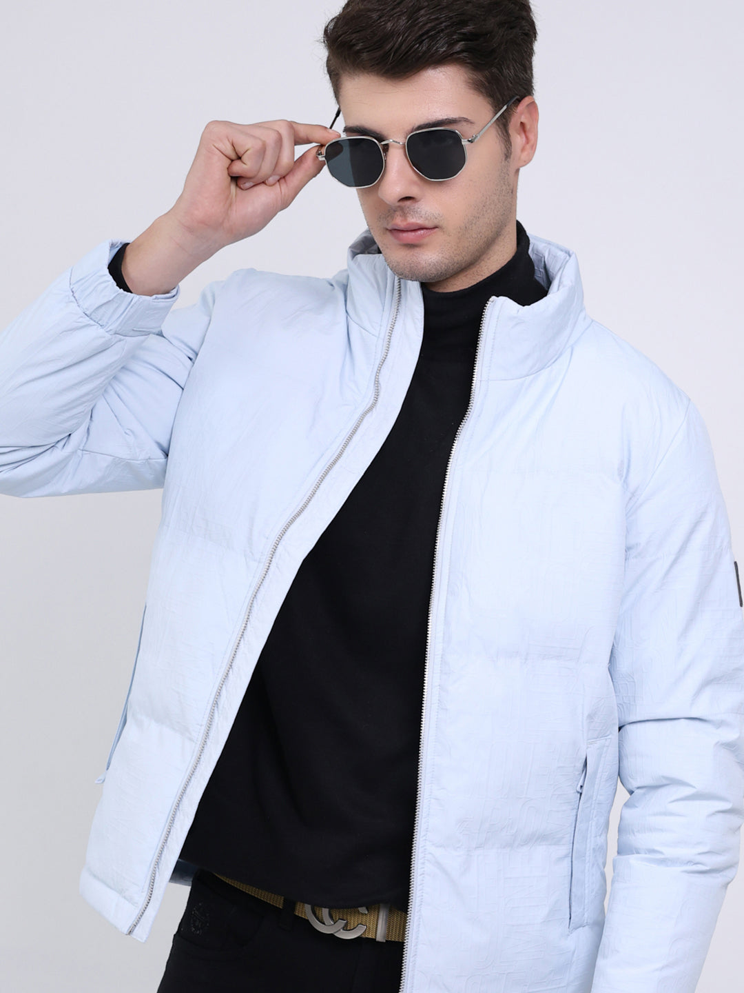 Men Sky Blue Solid Mock Neck Full Sleeve Jacket