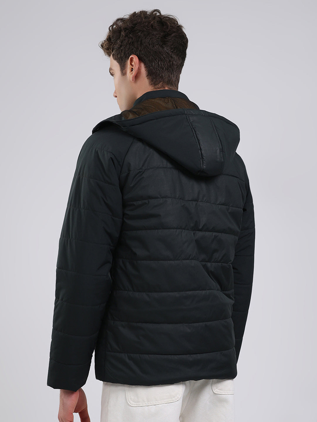 Men Olive Solid Hooded Full Sleeve Jacket