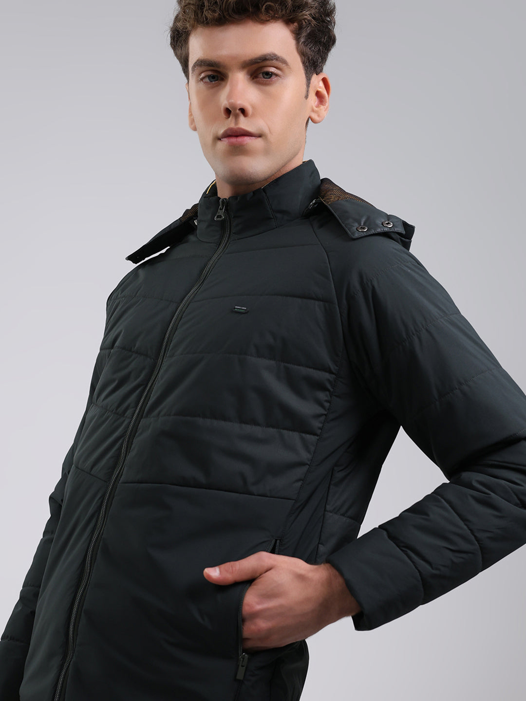 Men Olive Solid Hooded Full Sleeve Jacket