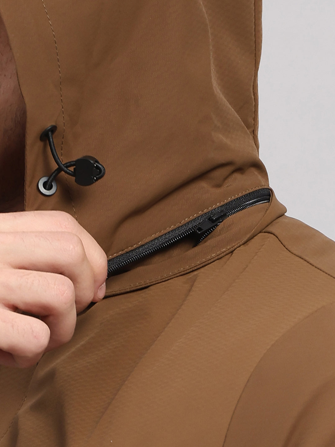 Men Tan Solid Hooded Full Sleeve Jacket