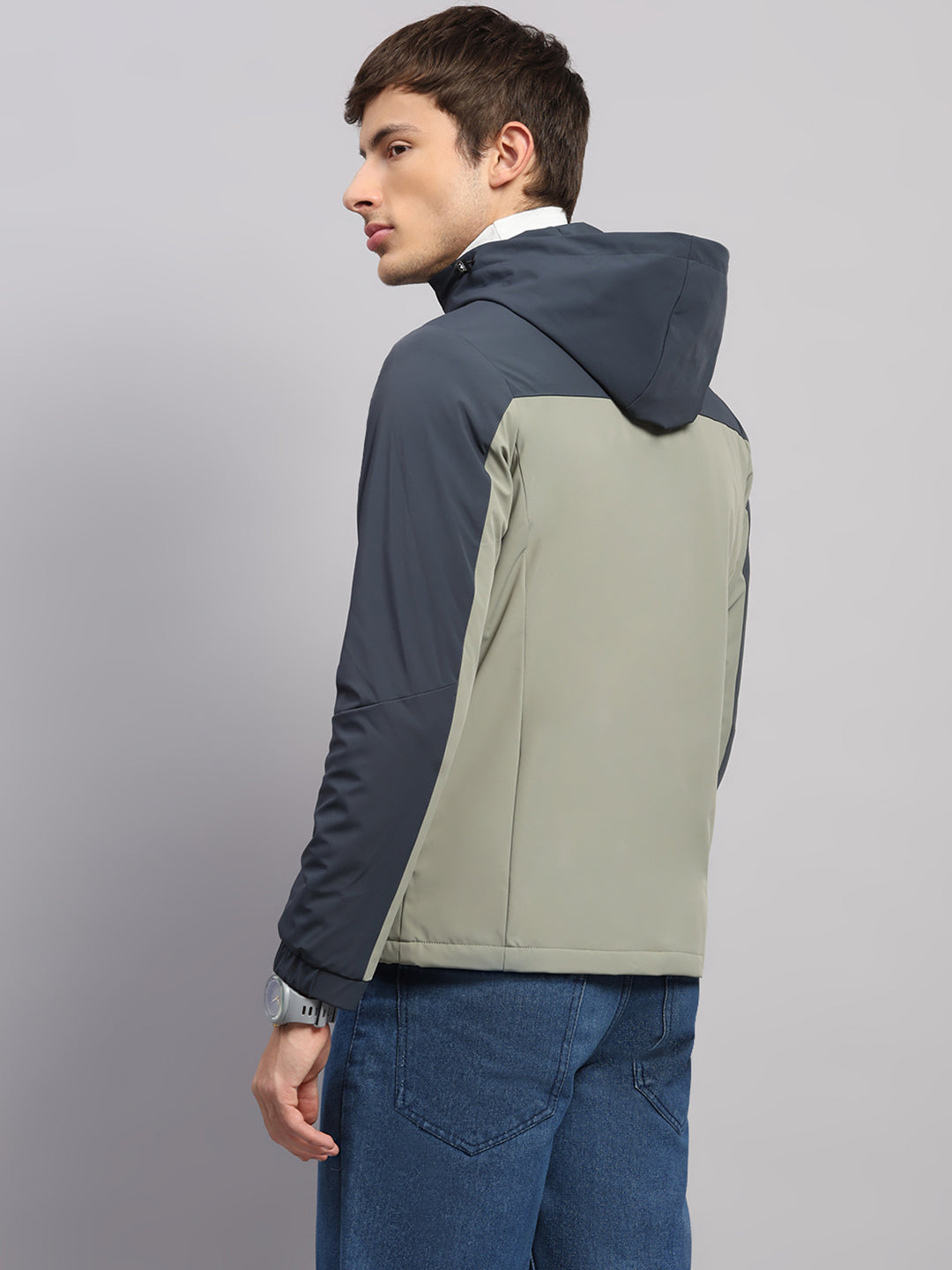 Men Blue Solid Hooded Full Sleeve Jacket