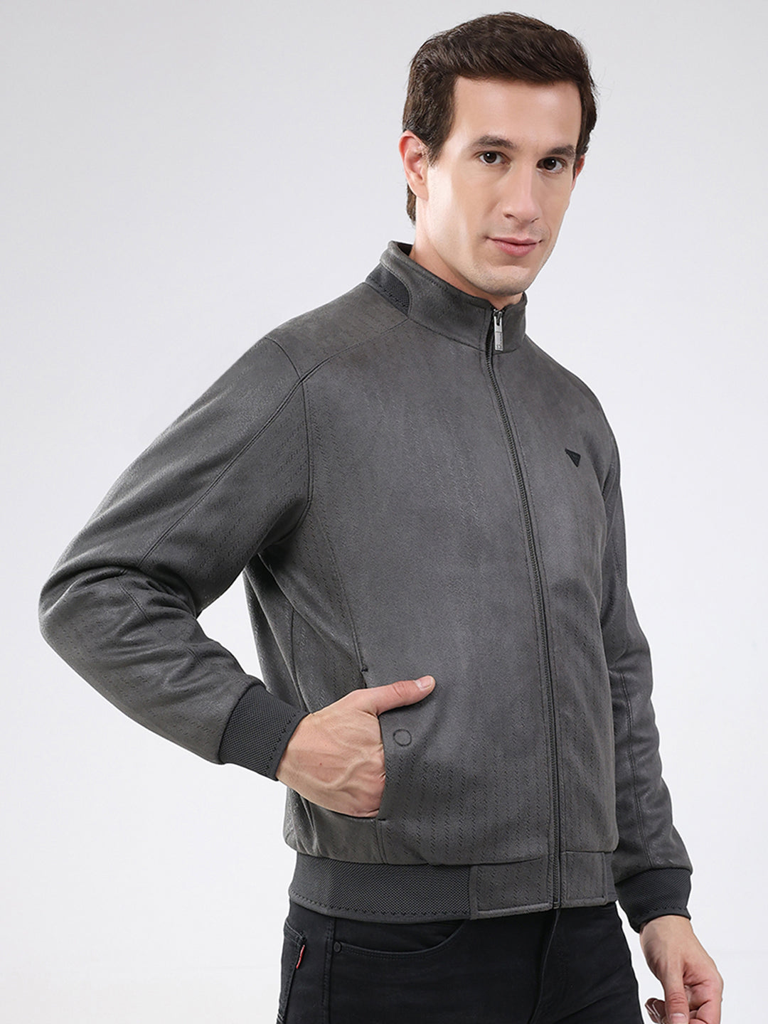 Men Olive Solid Mock Neck Full Sleeve Jacket