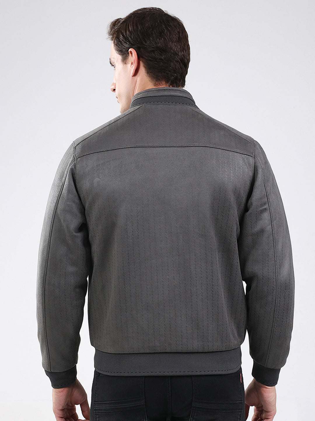 Men Olive Solid Mock Neck Full Sleeve Jacket