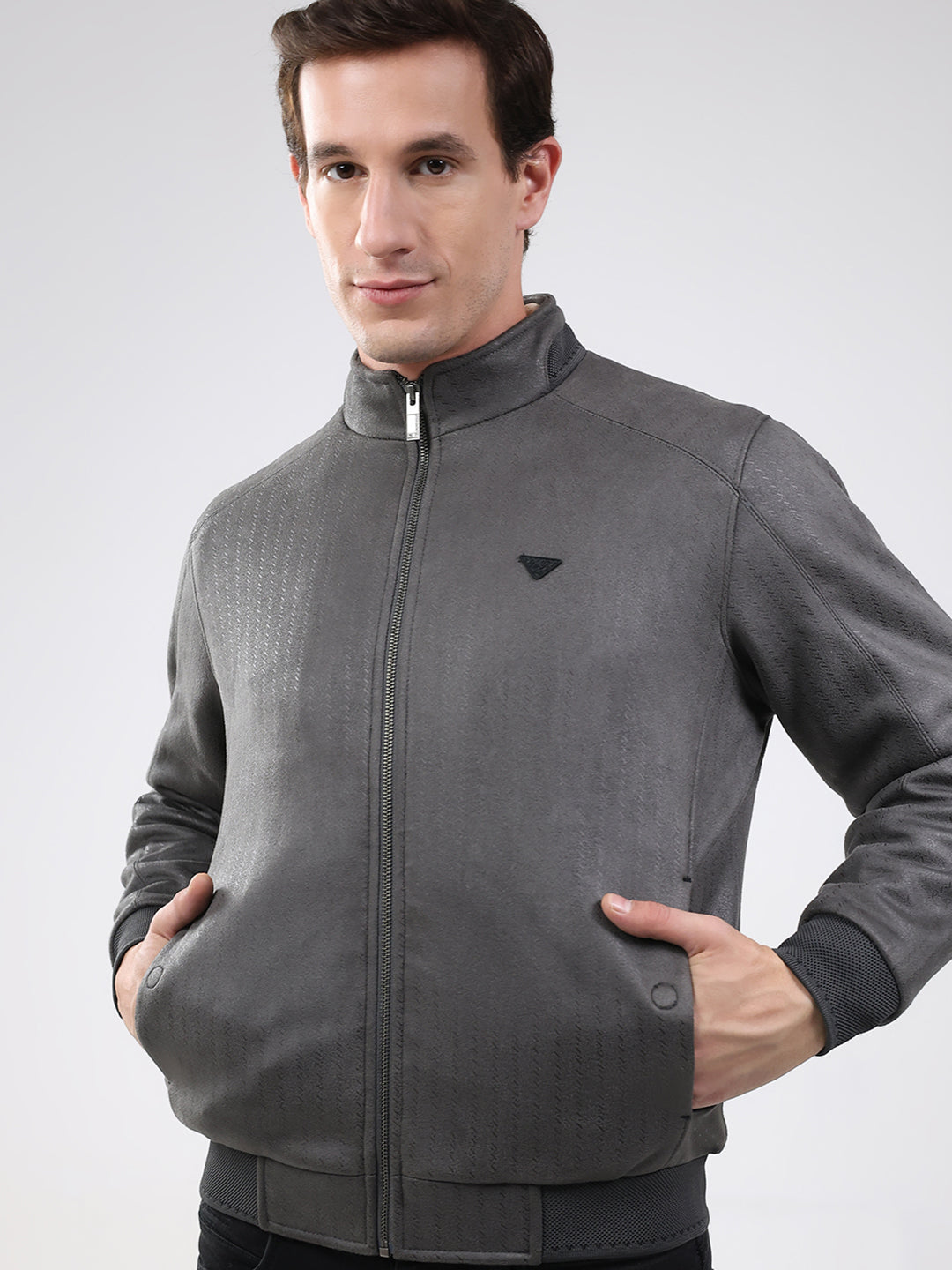 Men Olive Solid Mock Neck Full Sleeve Jacket