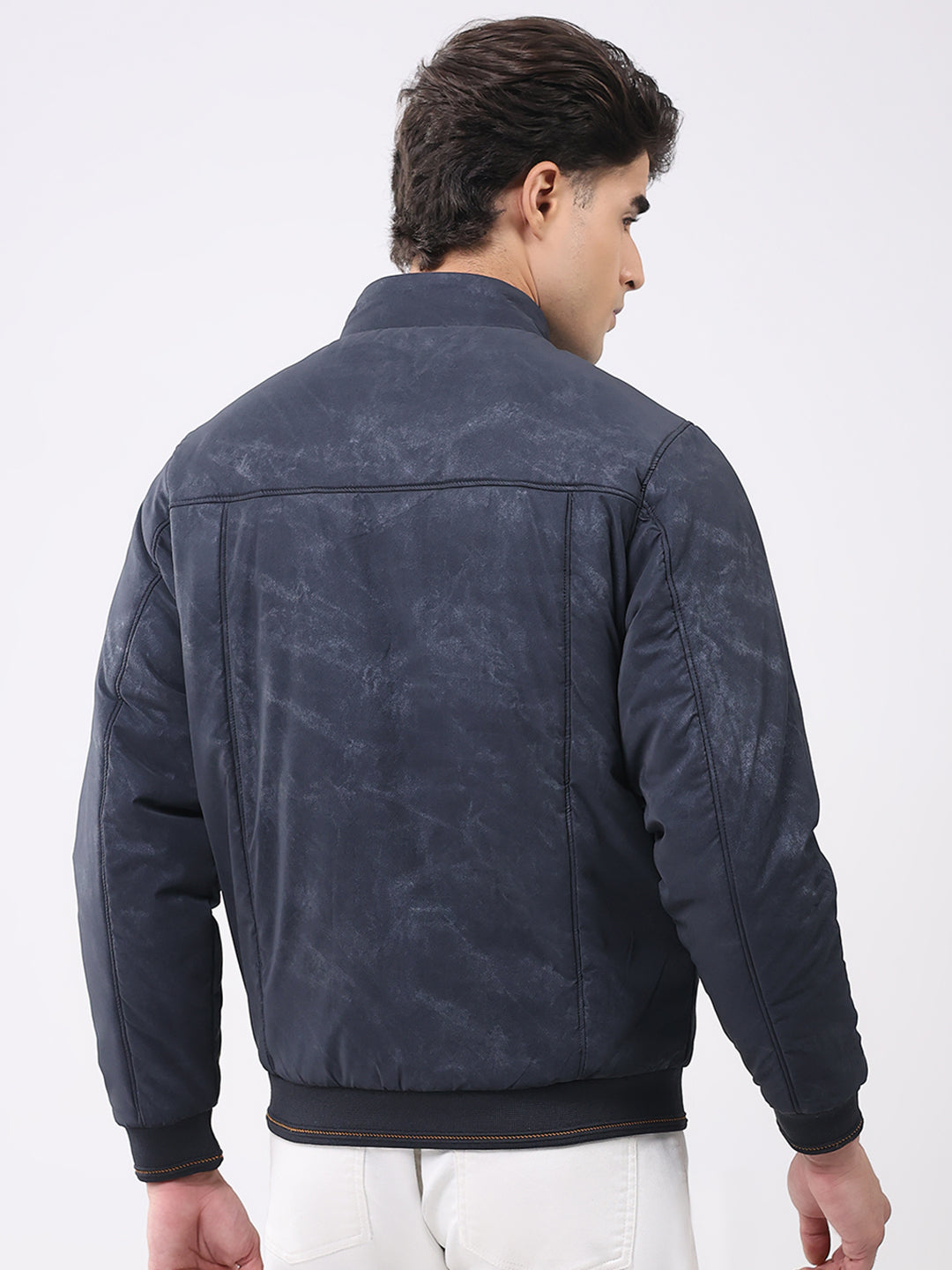 Men Navy Blue Solid Mock Neck Full Sleeve Jacket