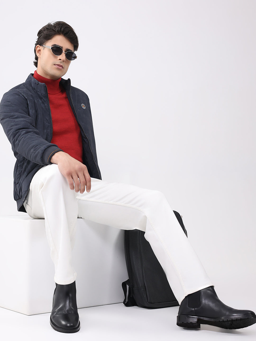 Men Navy Blue Solid Mock Neck Full Sleeve Jacket