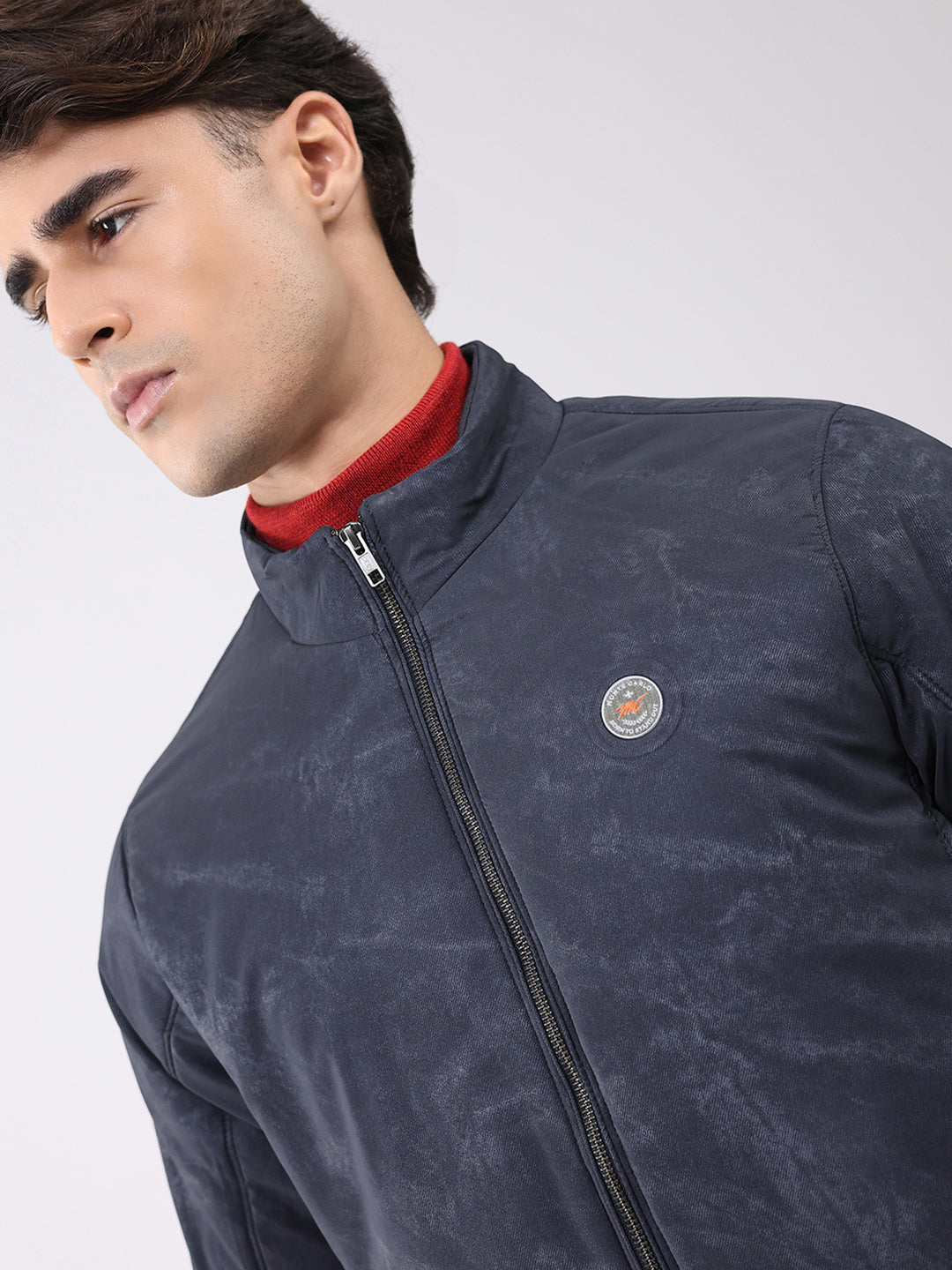 Men Navy Blue Solid Mock Neck Full Sleeve Jacket