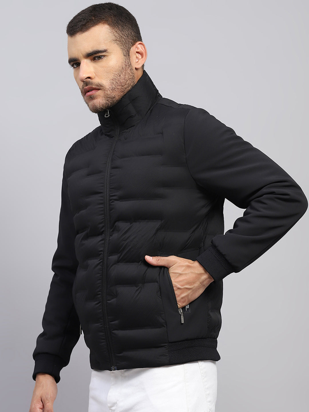 Men Black Solid Stand Collar Full Sleeve Jacket