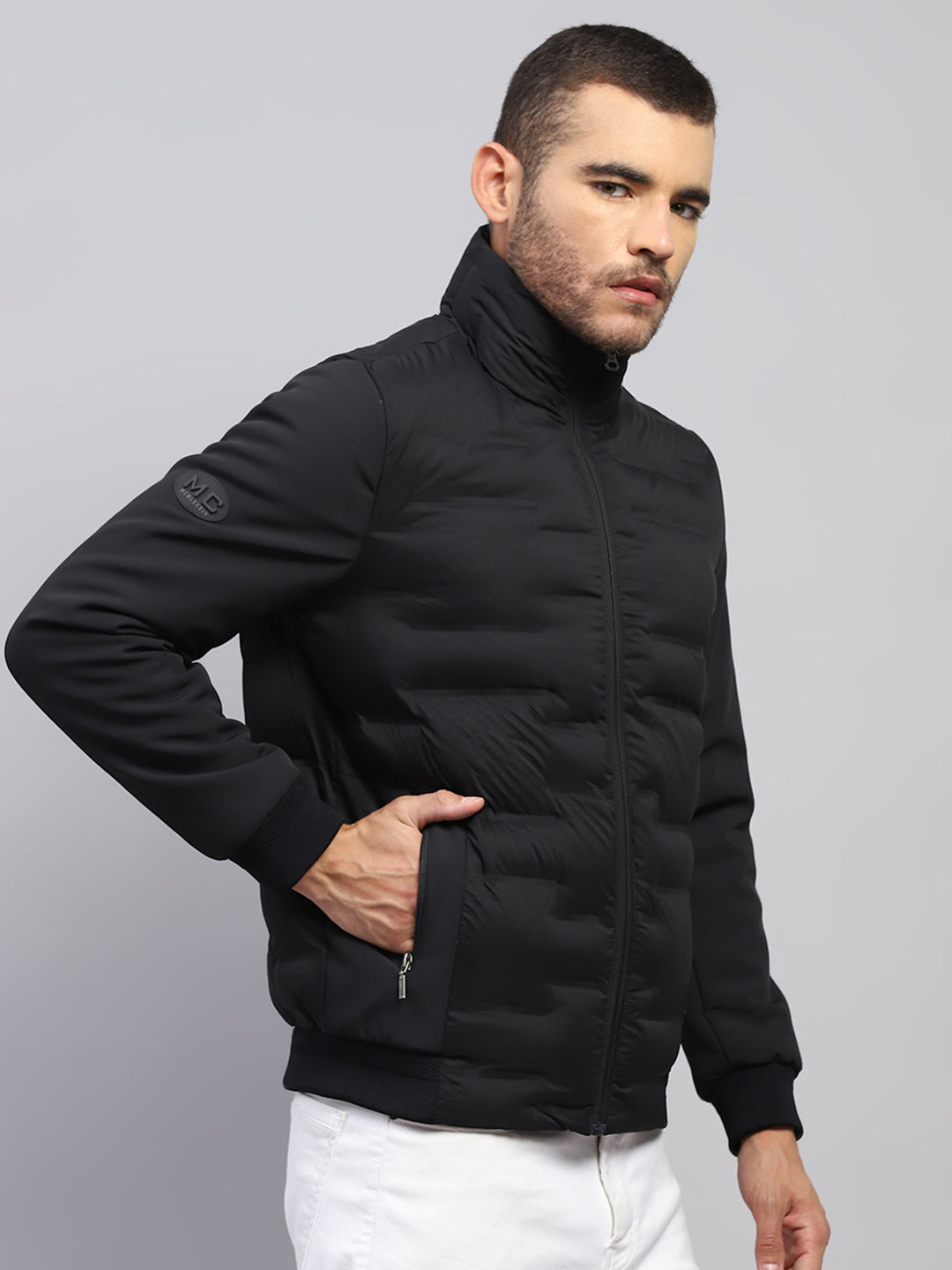 Men Black Solid Stand Collar Full Sleeve Jacket