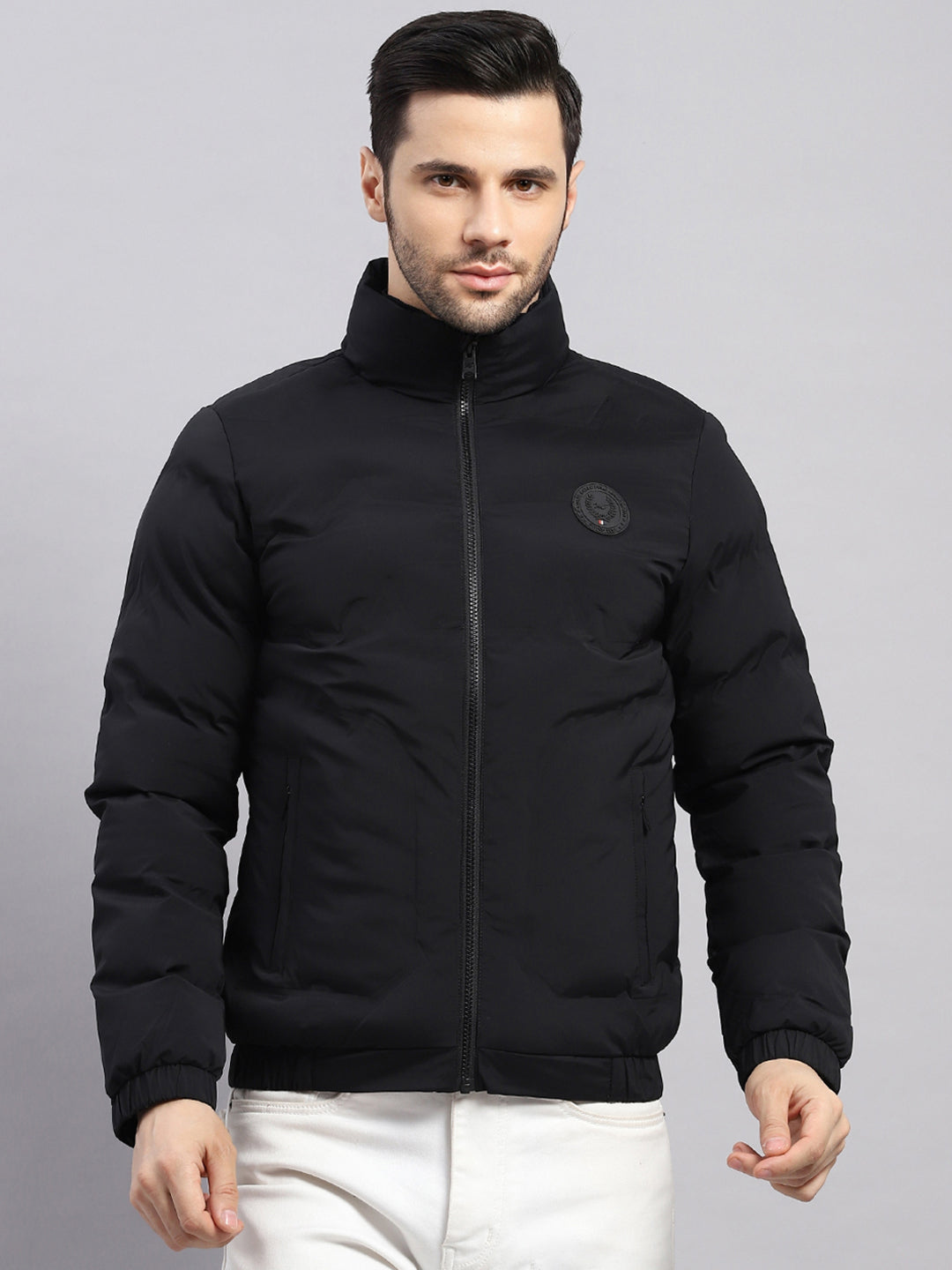 Men Black Solid Stand Collar Full Sleeve Jacket