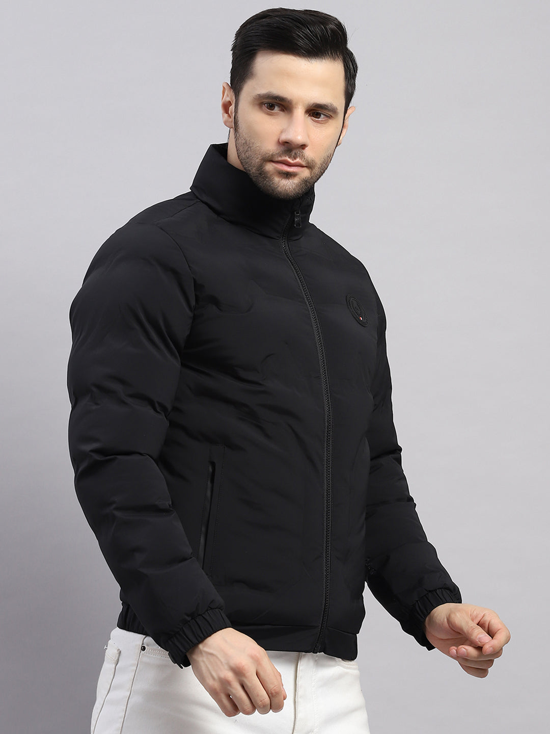 Men Black Solid Stand Collar Full Sleeve Jacket