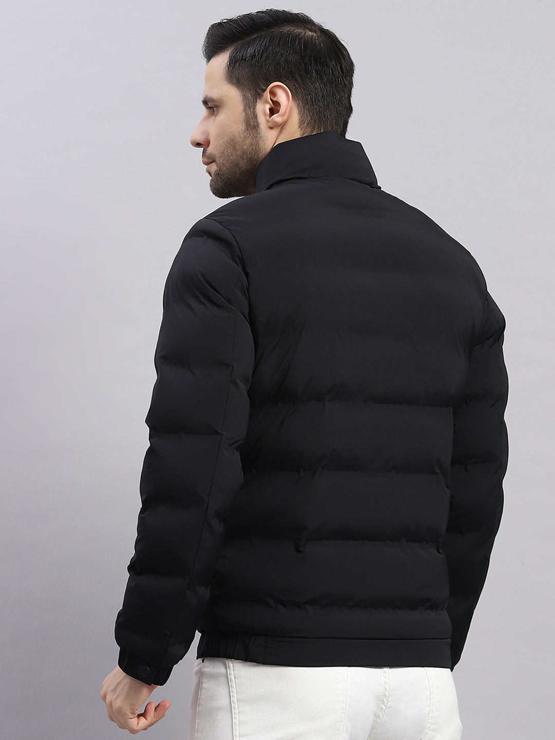Men Black Solid Stand Collar Full Sleeve Jacket