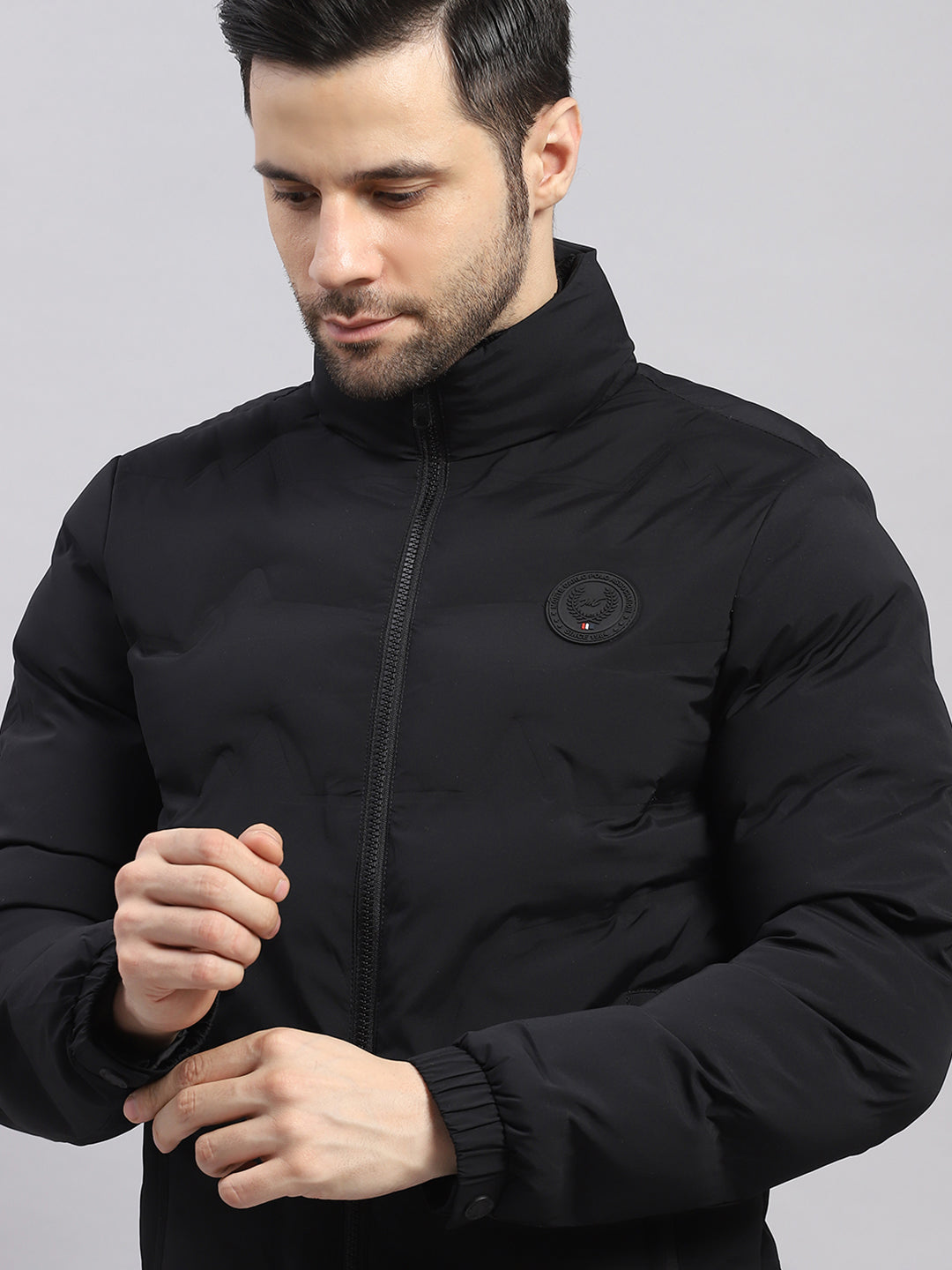 Men Black Solid Stand Collar Full Sleeve Jacket