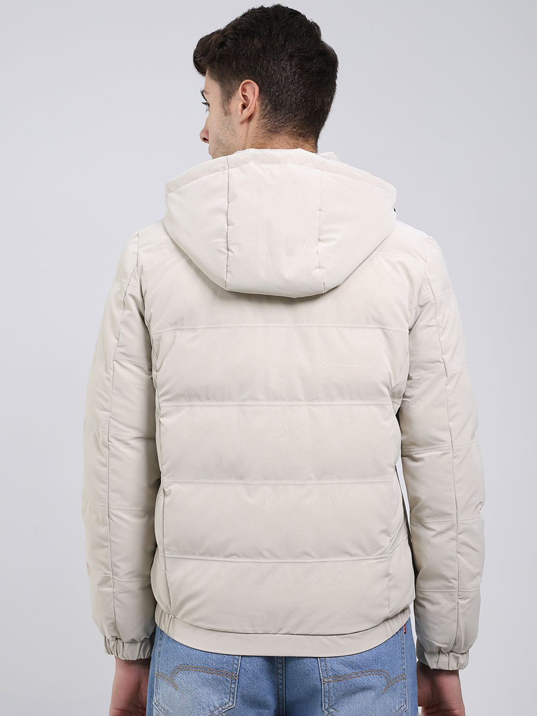 Men Cream Solid Hooded Full Sleeve Jacket