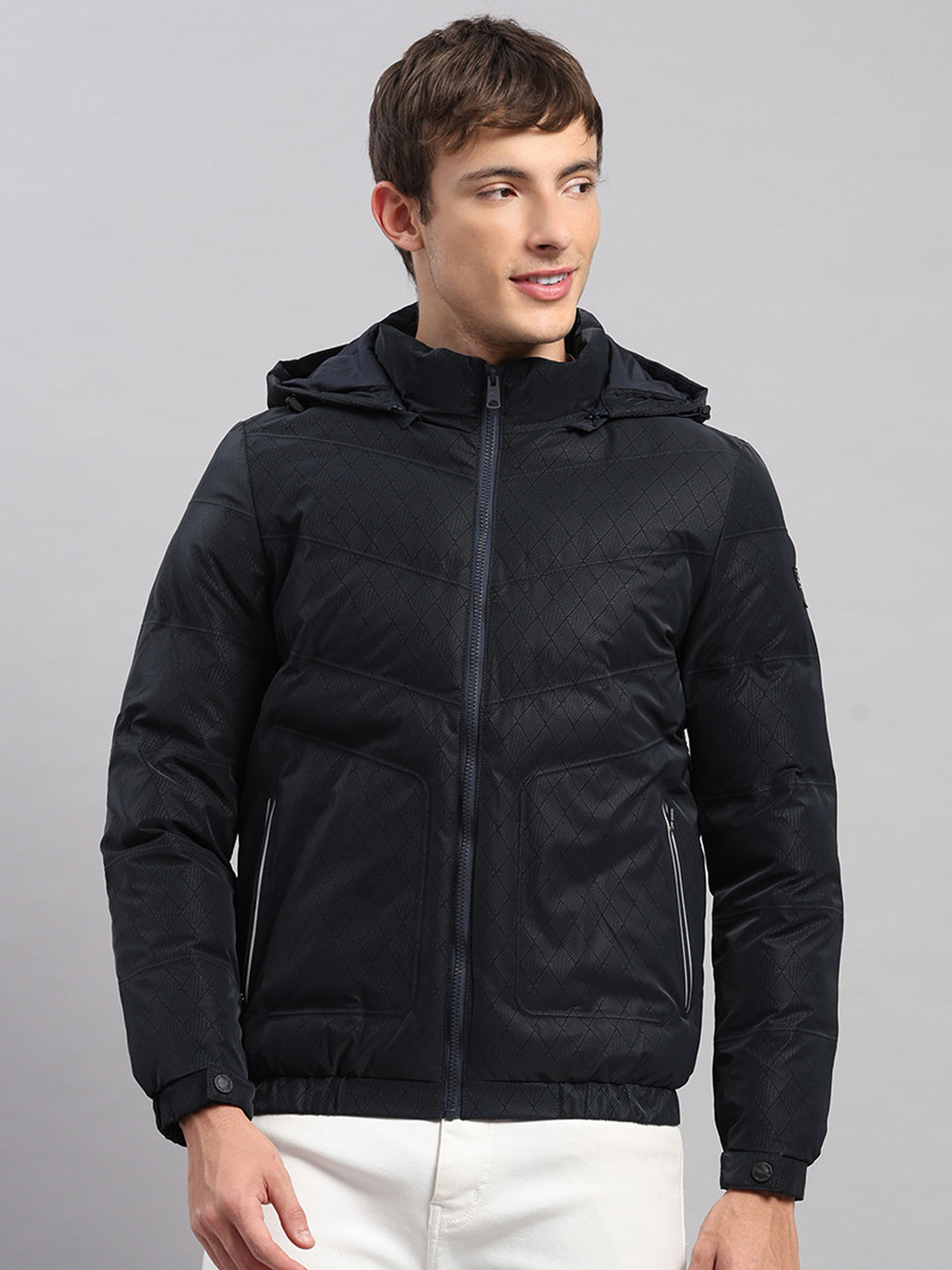 Men Navy Blue Solid Hooded Full Sleeve Jacket