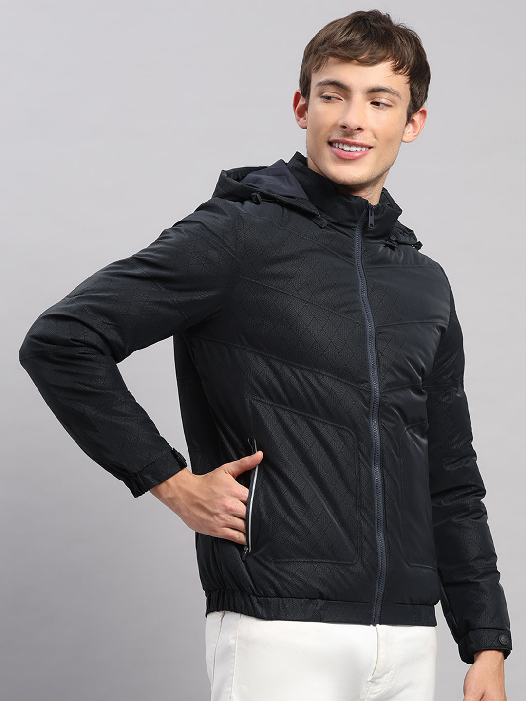 Men Navy Blue Solid Hooded Full Sleeve Jacket