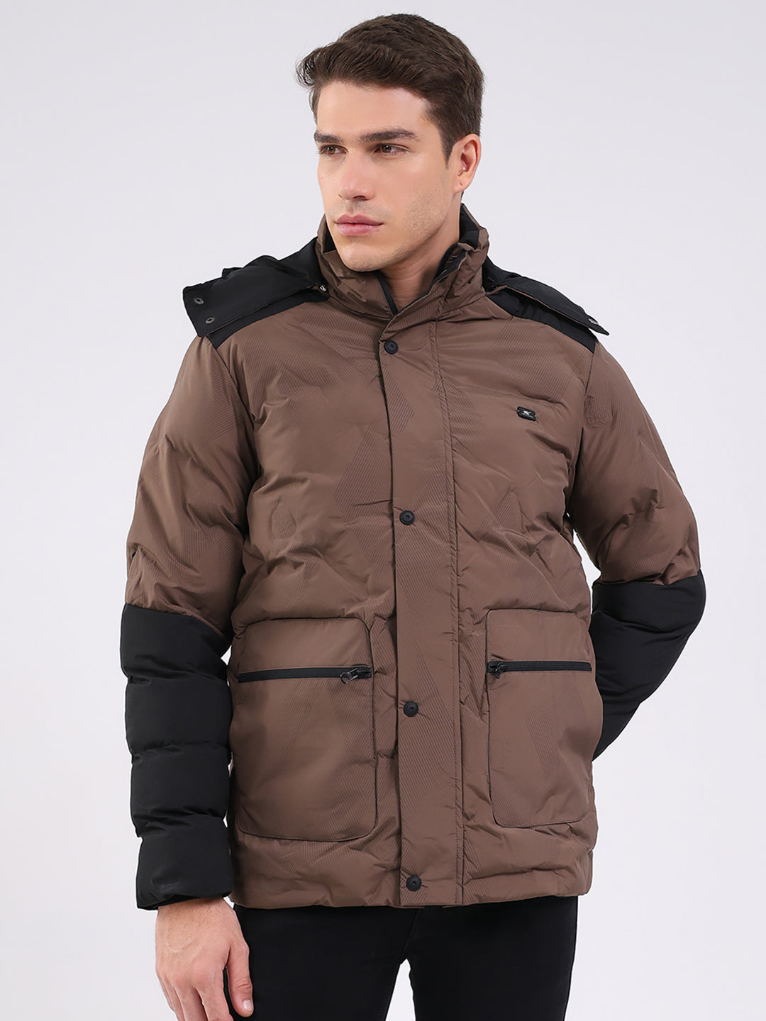 Men Brown Solid Hooded Full Sleeve Jacket