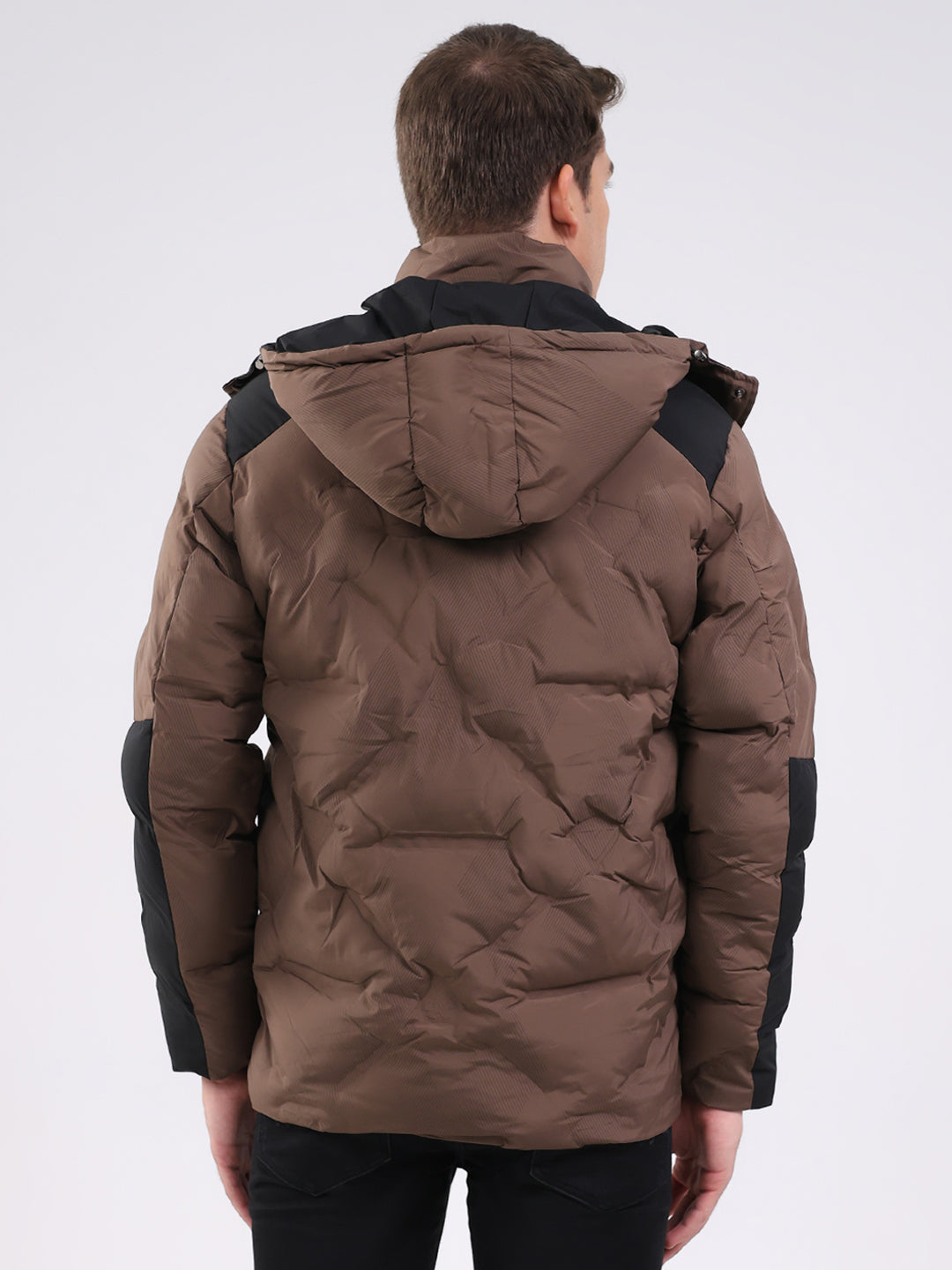 Men Brown Solid Hooded Full Sleeve Jacket