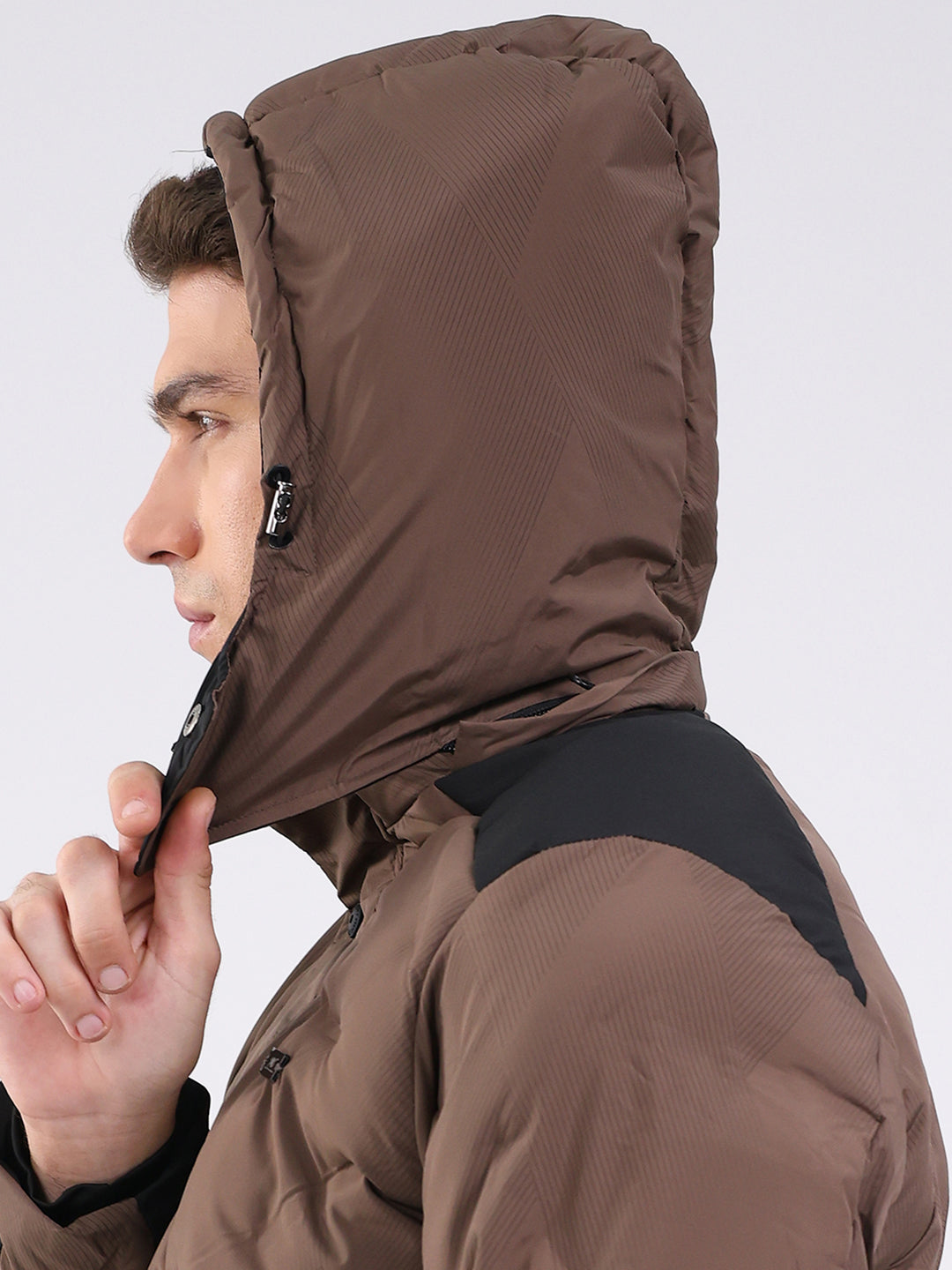Men Brown Solid Hooded Full Sleeve Jacket