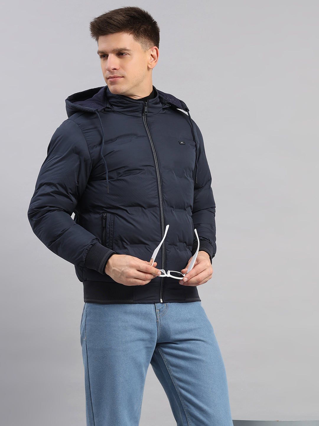 Men Navy Blue Solid Hooded Full Sleeve Jacket