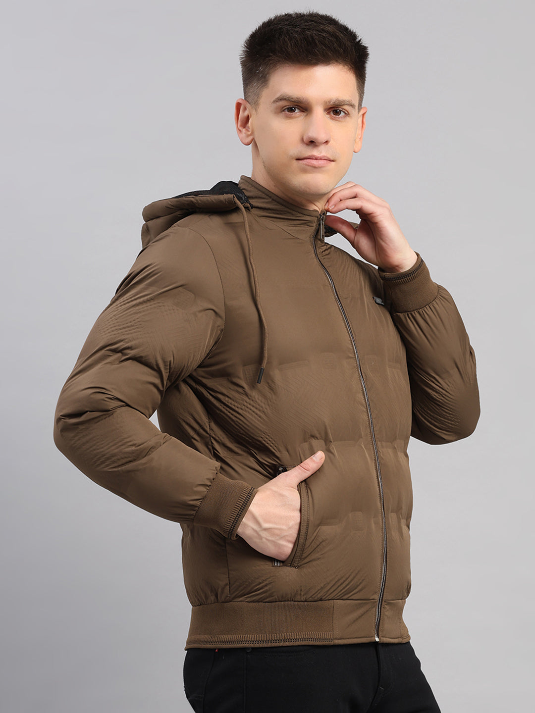 Men Brown Solid Hooded Full Sleeve Jacket