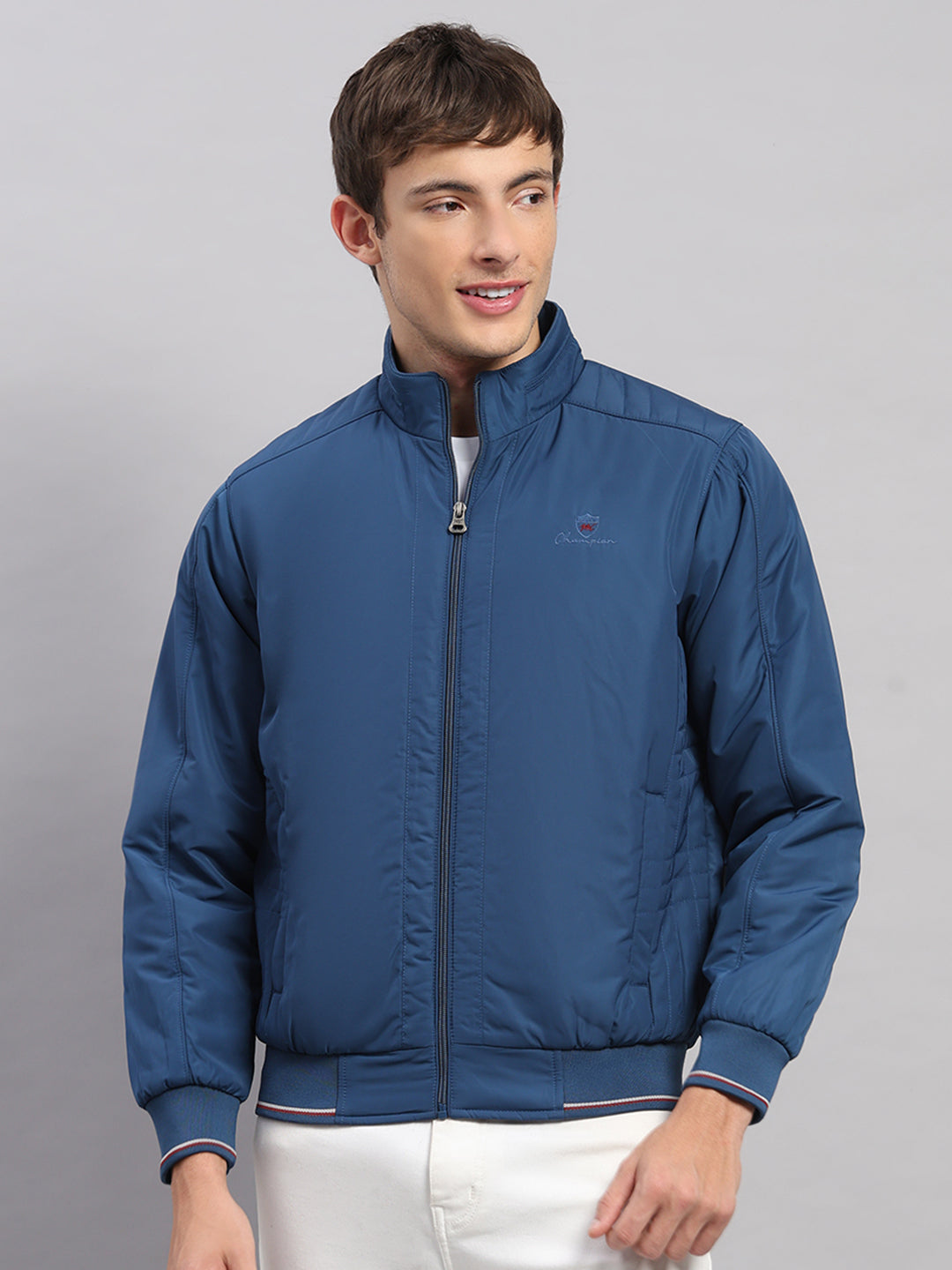 Men Blue Solid Stand Collar Full Sleeve Jacket