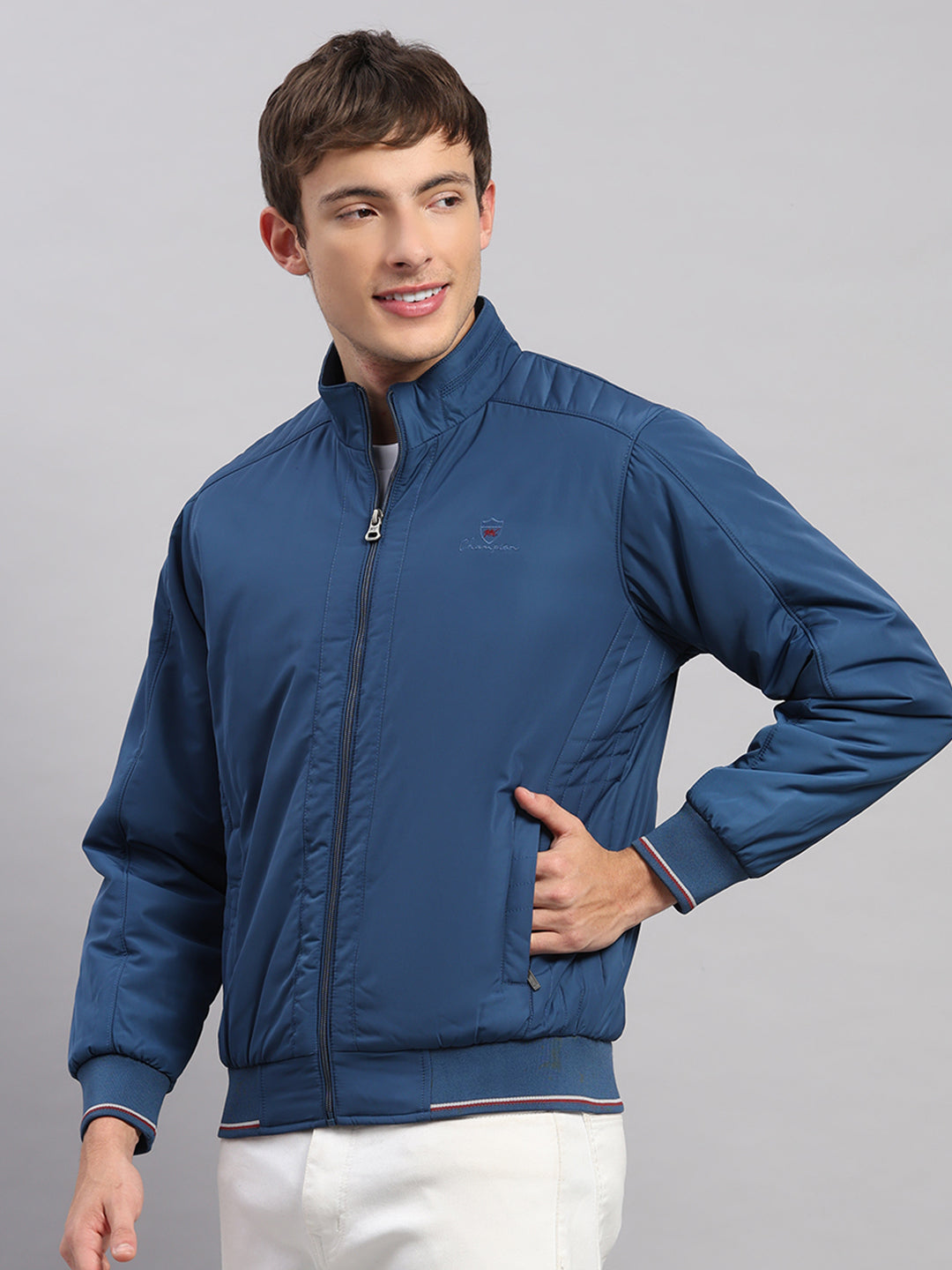 Men Blue Solid Stand Collar Full Sleeve Jacket