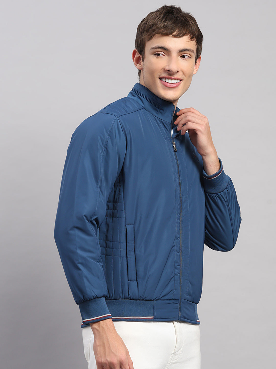 Men Blue Solid Stand Collar Full Sleeve Jacket