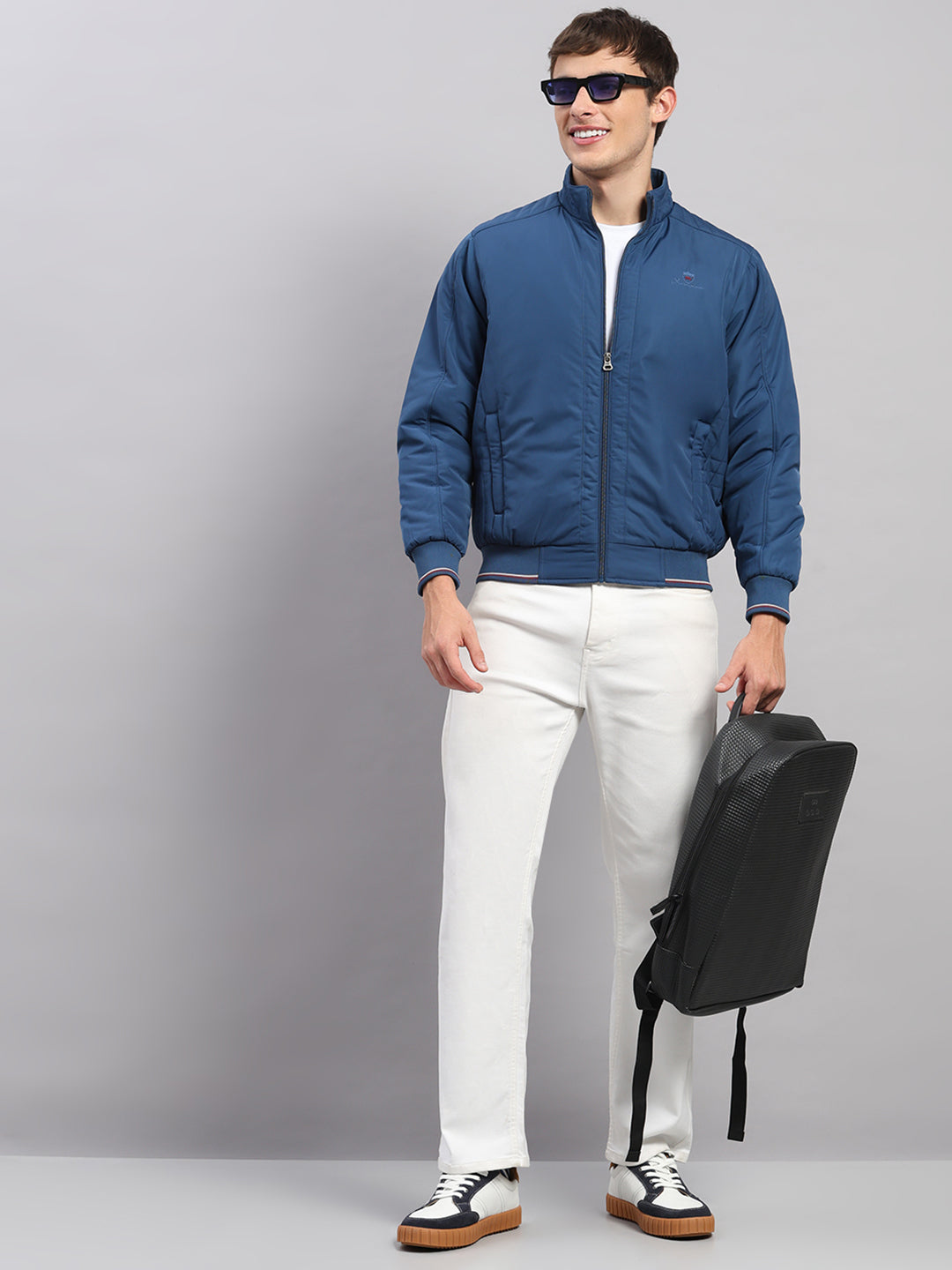 Men Blue Solid Stand Collar Full Sleeve Jacket