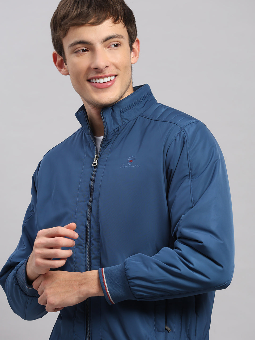 Men Blue Solid Stand Collar Full Sleeve Jacket