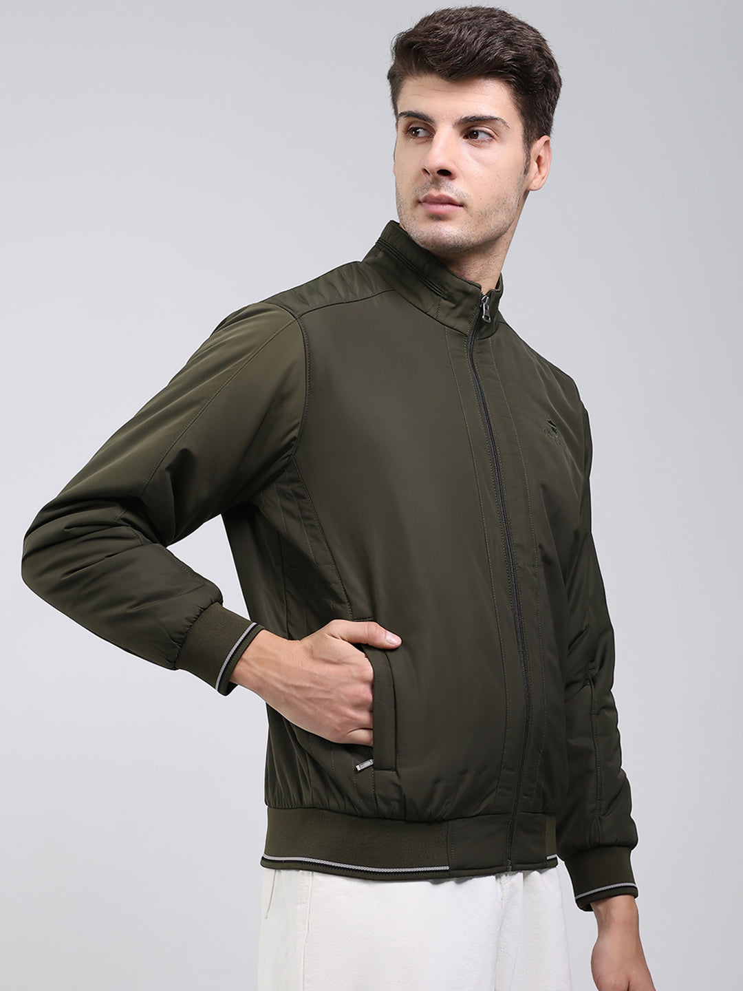 Men Olive Solid Mock Neck Full Sleeve Jacket