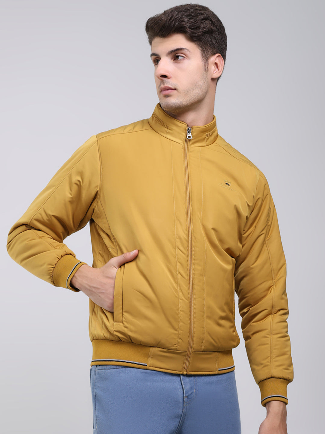 Men Mustard Solid Mock Neck Full Sleeve Jacket