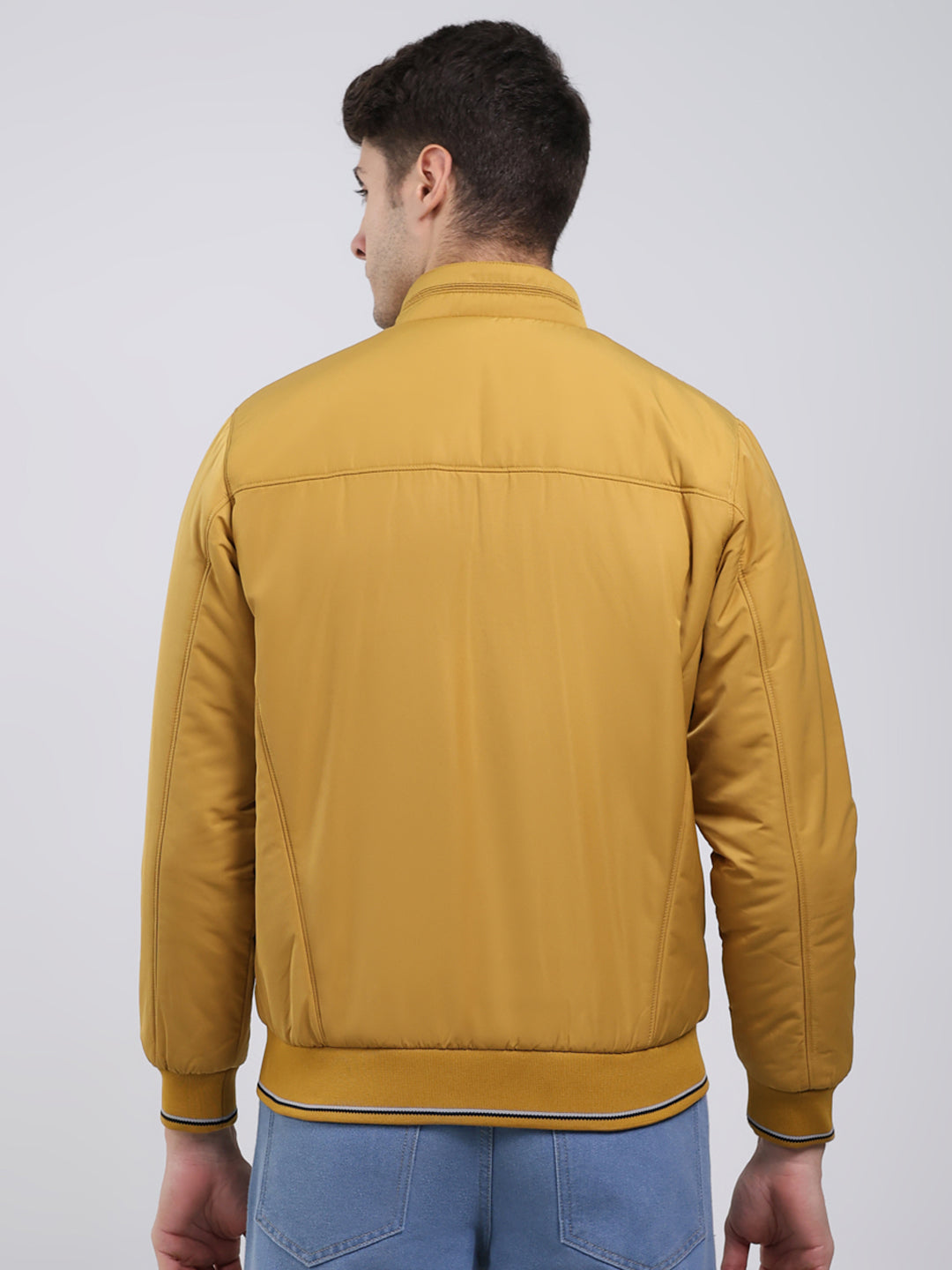 Men Mustard Solid Mock Neck Full Sleeve Jacket
