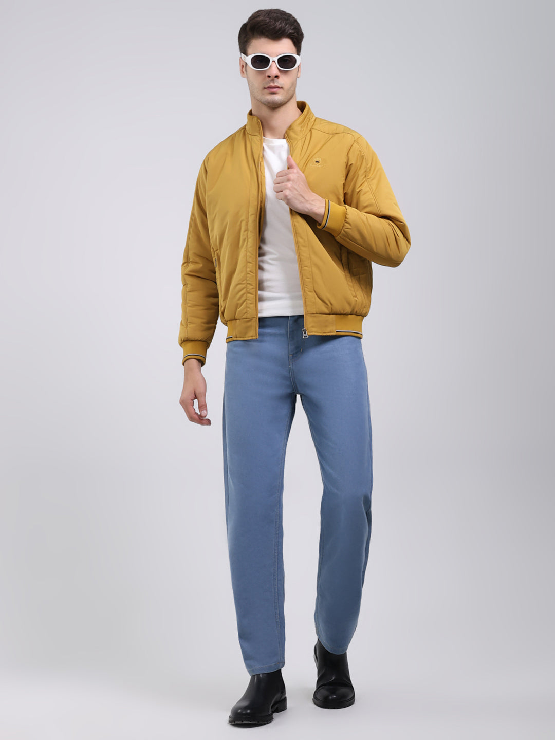 Men Mustard Solid Mock Neck Full Sleeve Jacket