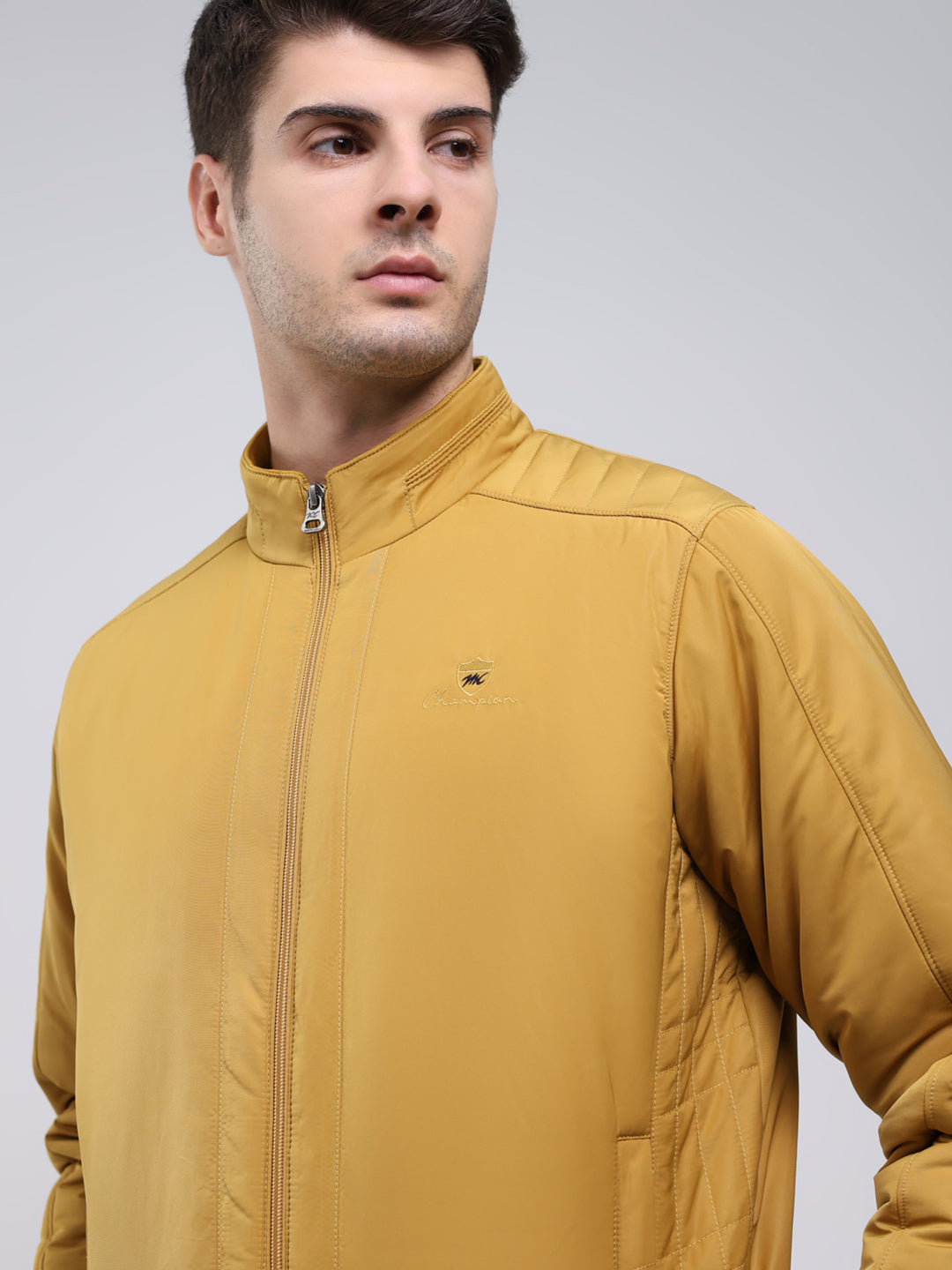 Men Mustard Solid Mock Neck Full Sleeve Jacket