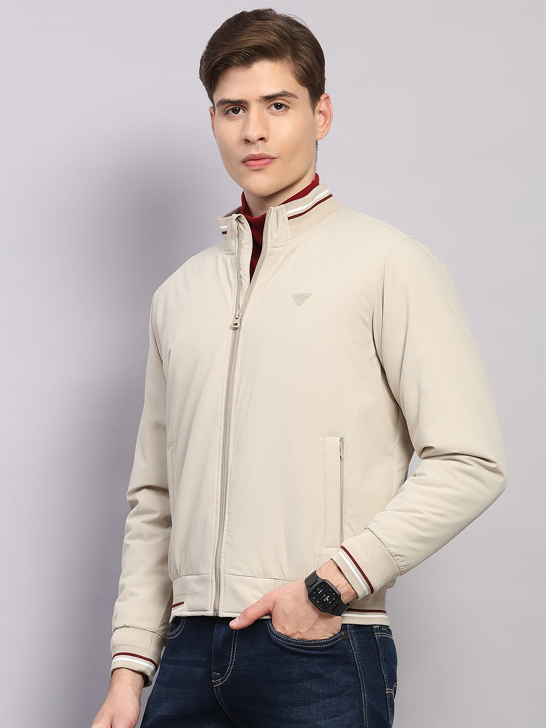 Men Beige Solid Mock Neck Full Sleeve Jacket