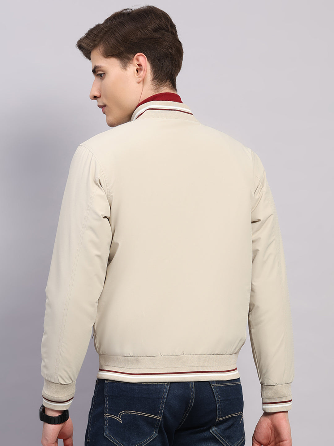 Men Beige Solid Mock Neck Full Sleeve Jacket