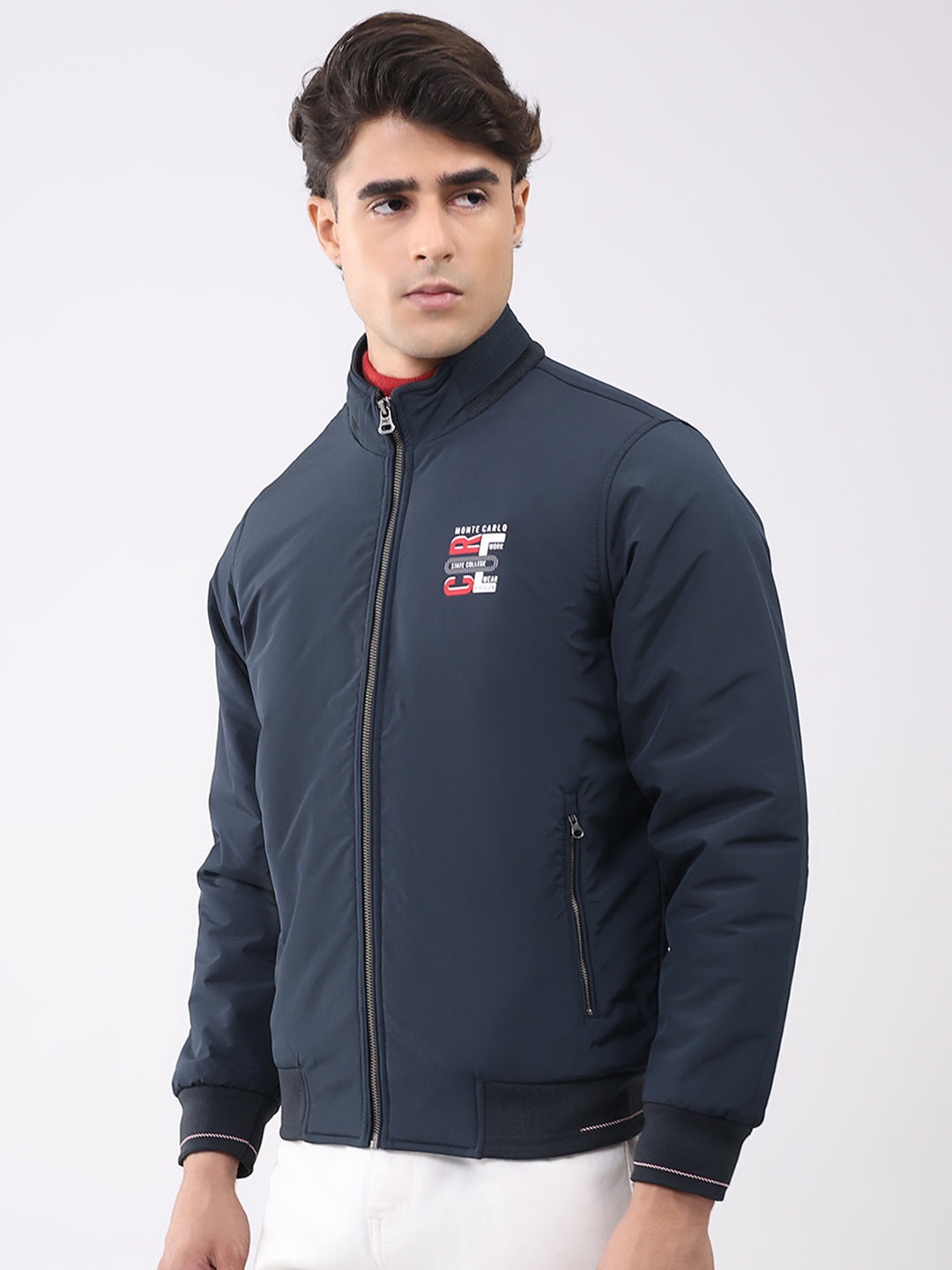 Men Navy Blue Solid Collar Full Sleeve Jacket