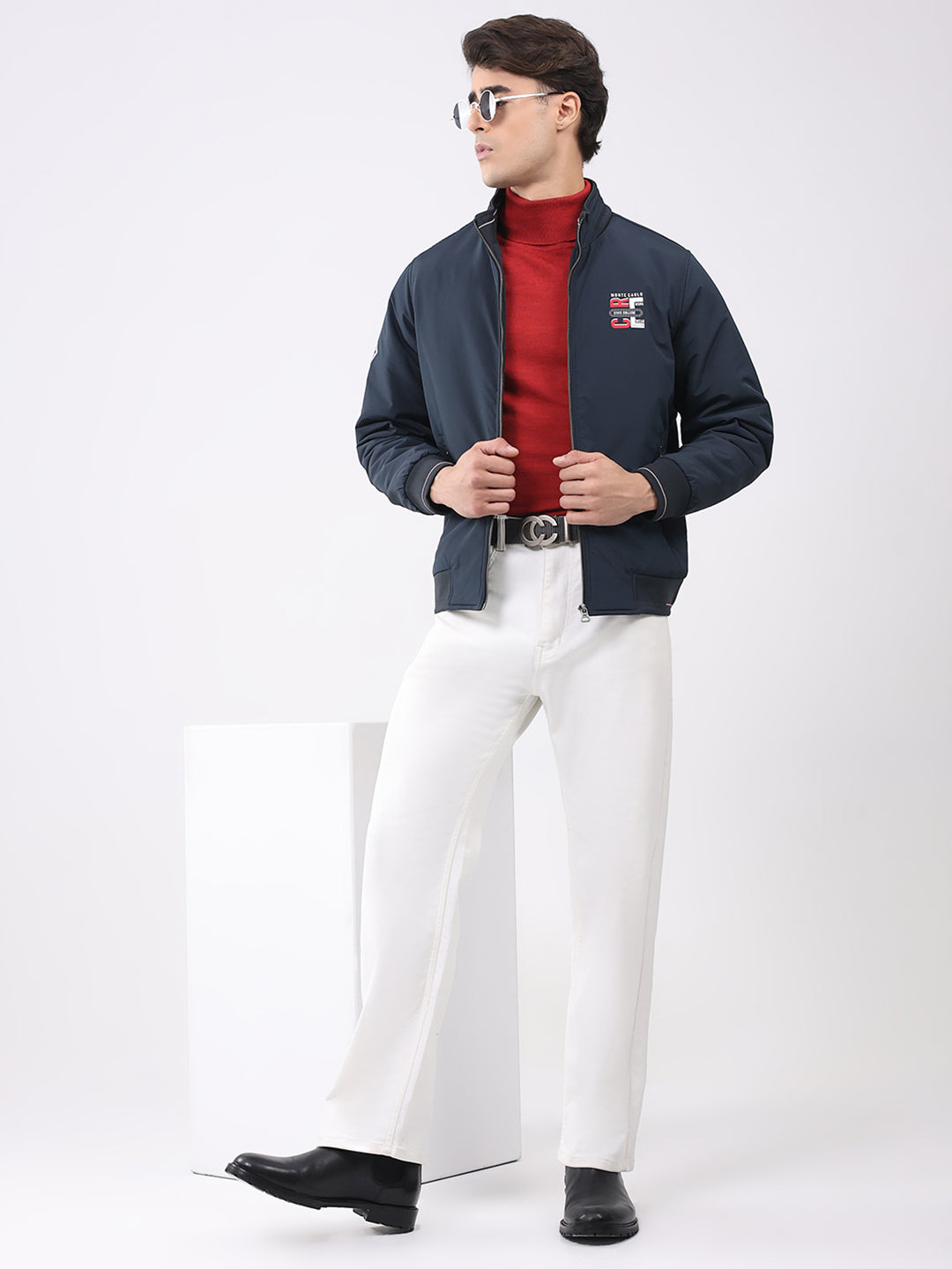 Men Navy Blue Solid Collar Full Sleeve Jacket