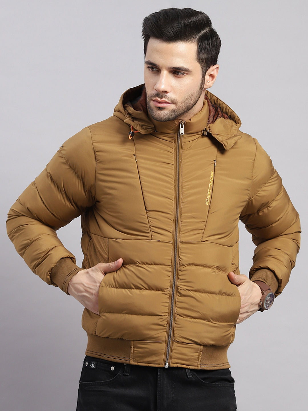 Men Khaki Solid Hooded Full Sleeve Jacket