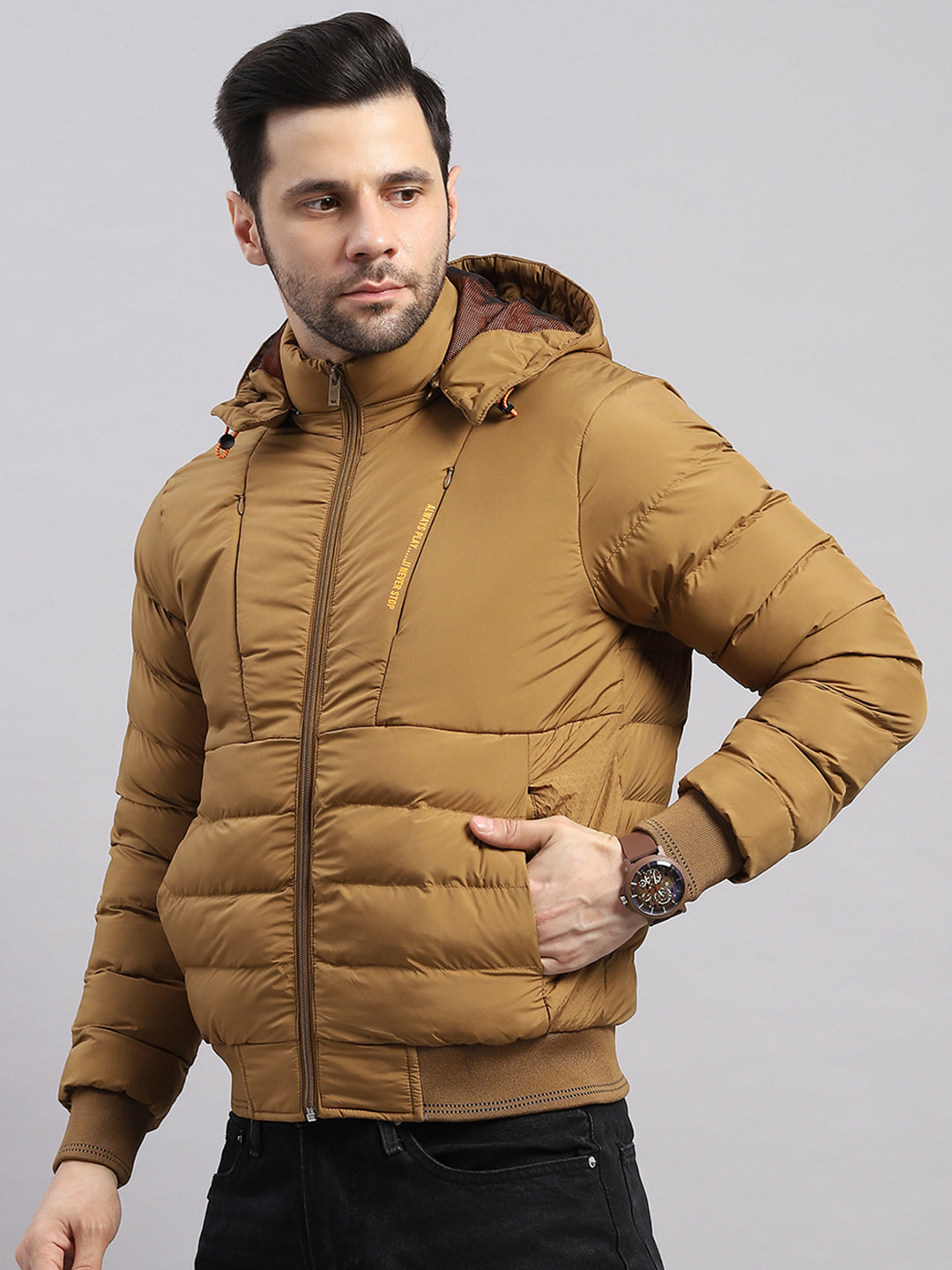 Men Khaki Solid Hooded Full Sleeve Jacket