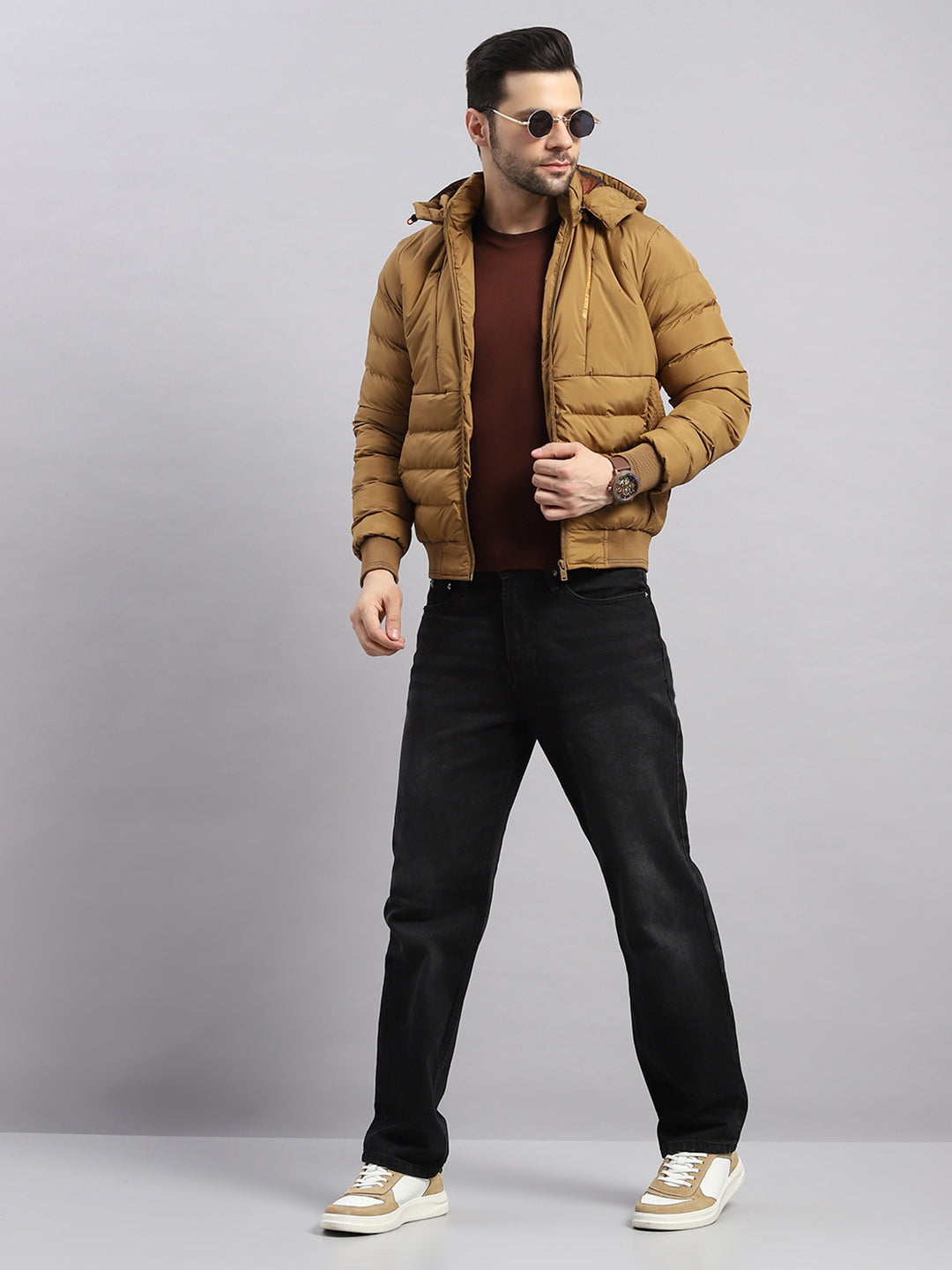 Men Khaki Solid Hooded Full Sleeve Jacket