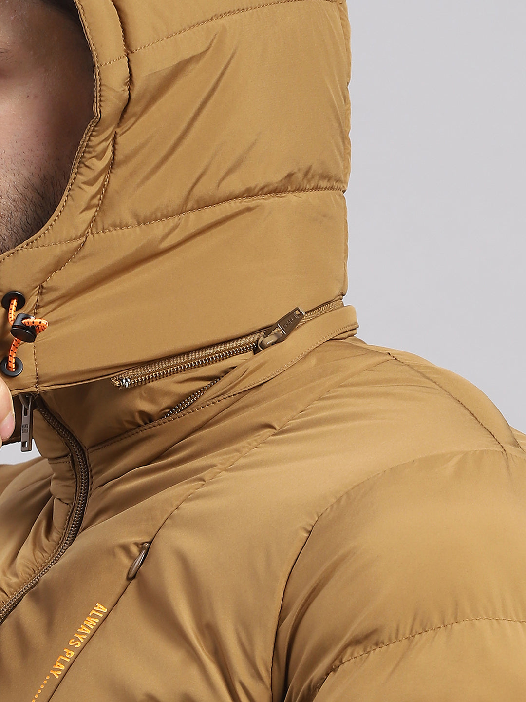 Men Khaki Solid Hooded Full Sleeve Jacket